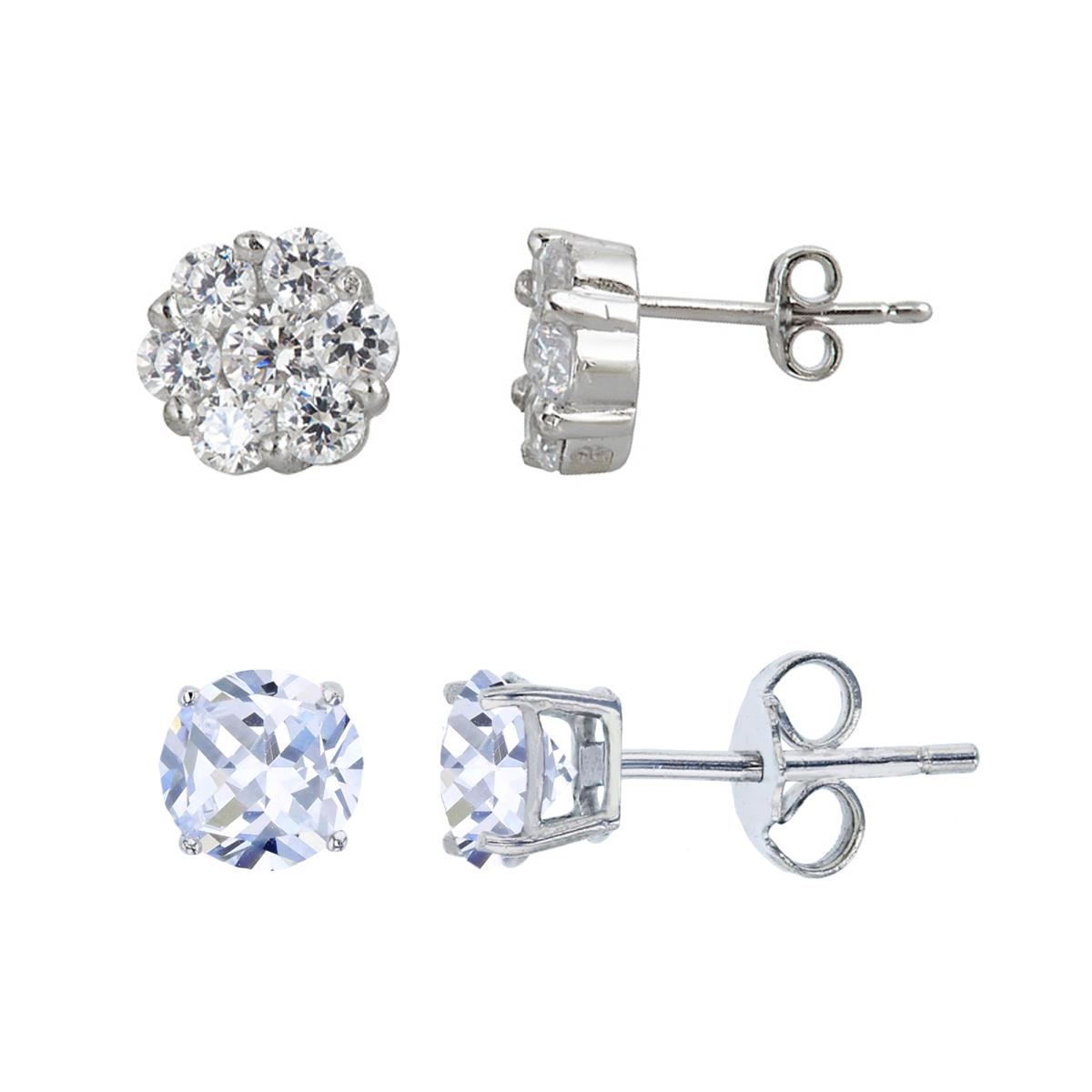 Sterling Silver Rhodium Pave Cluster & 5mm Round Solitaire Stud Earring Set