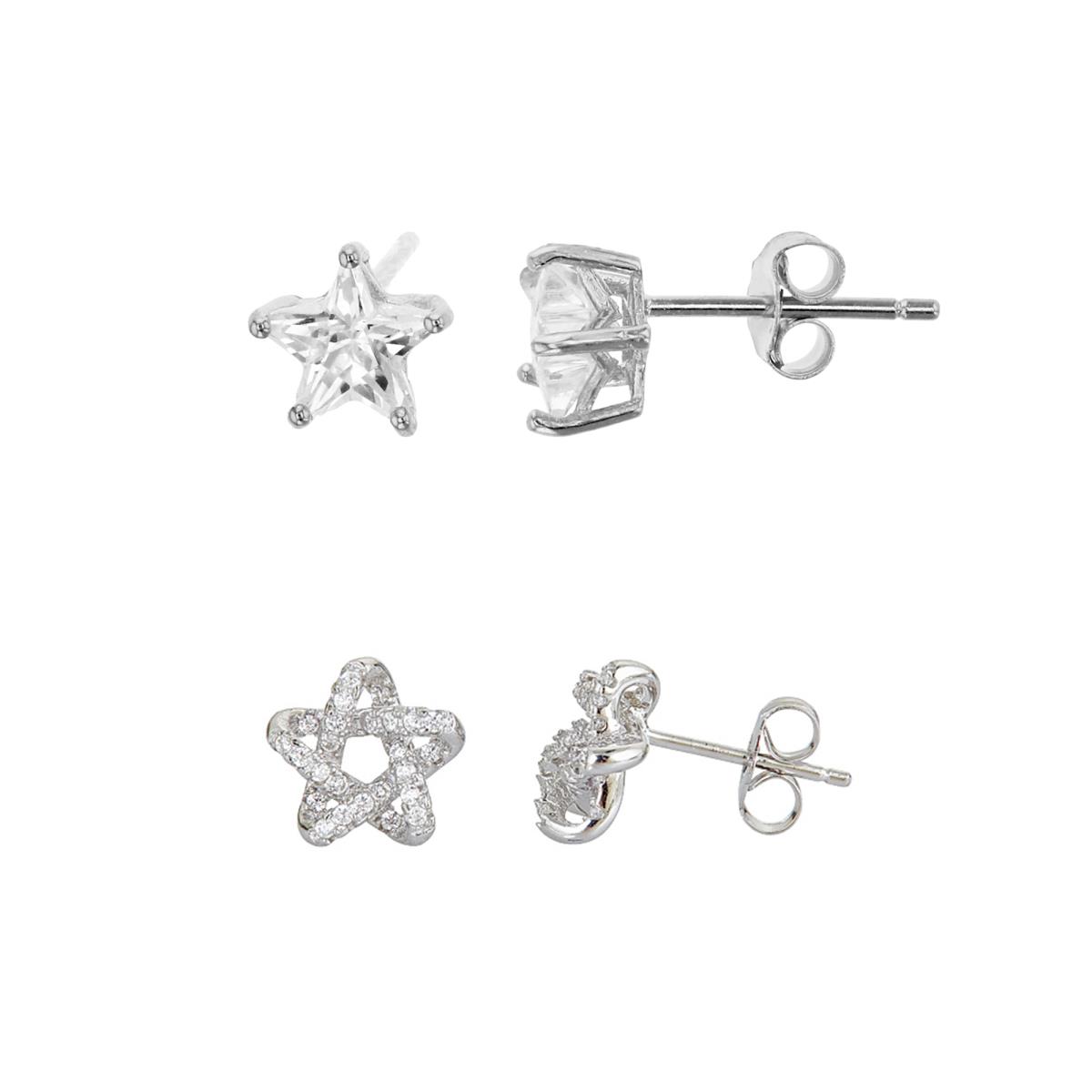 Sterling Silver Rhodium Micropave 3D Star & 6mm AAA Star Solitaire Stud Earring Set