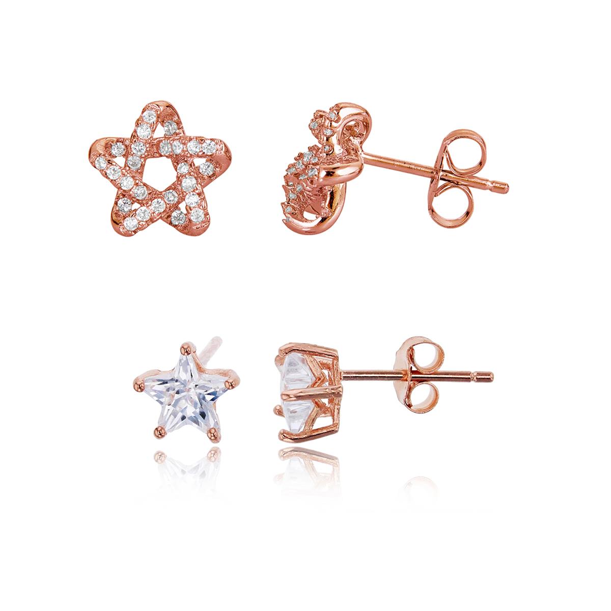 Sterling Silver Rose Micropave 3D Star & 6mm AAA Star Solitaire Stud Earring Set