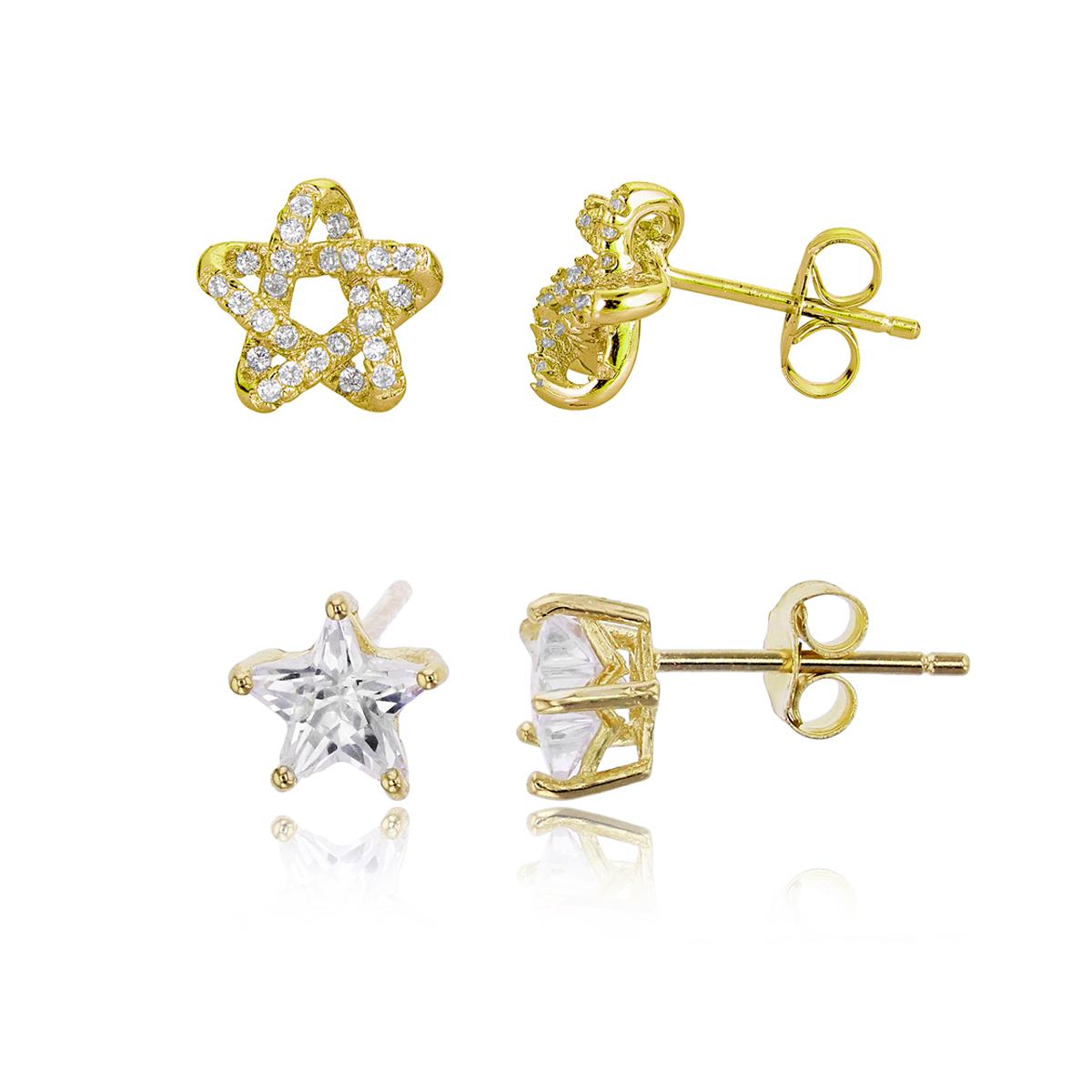 Sterling Silver Yellow Micropave 3D Star & 6mm AAA Star Solitaire Stud Earring Set