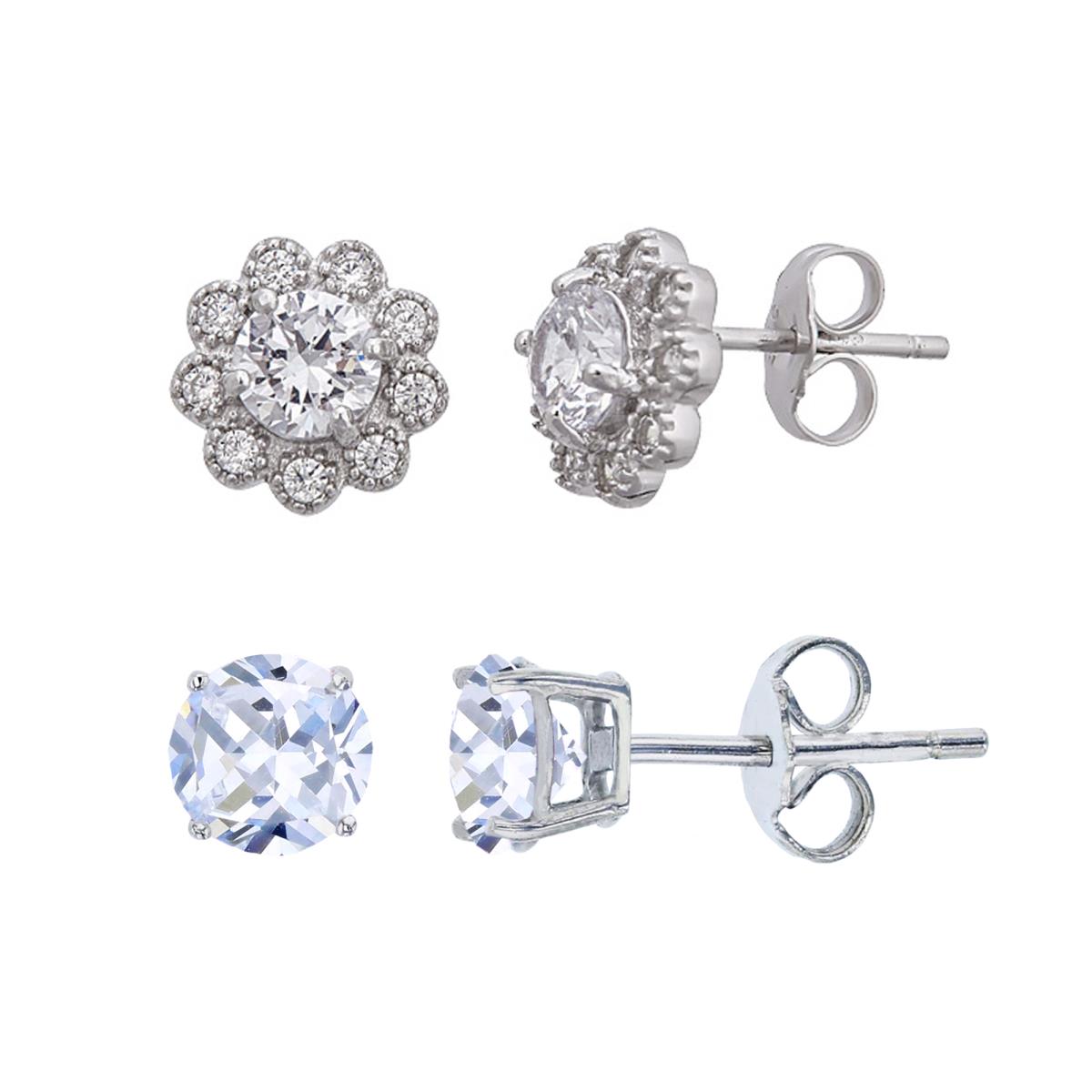 Sterling Silver 9mm Round Flower & 5mm Round Solitaire Stud Earring Set