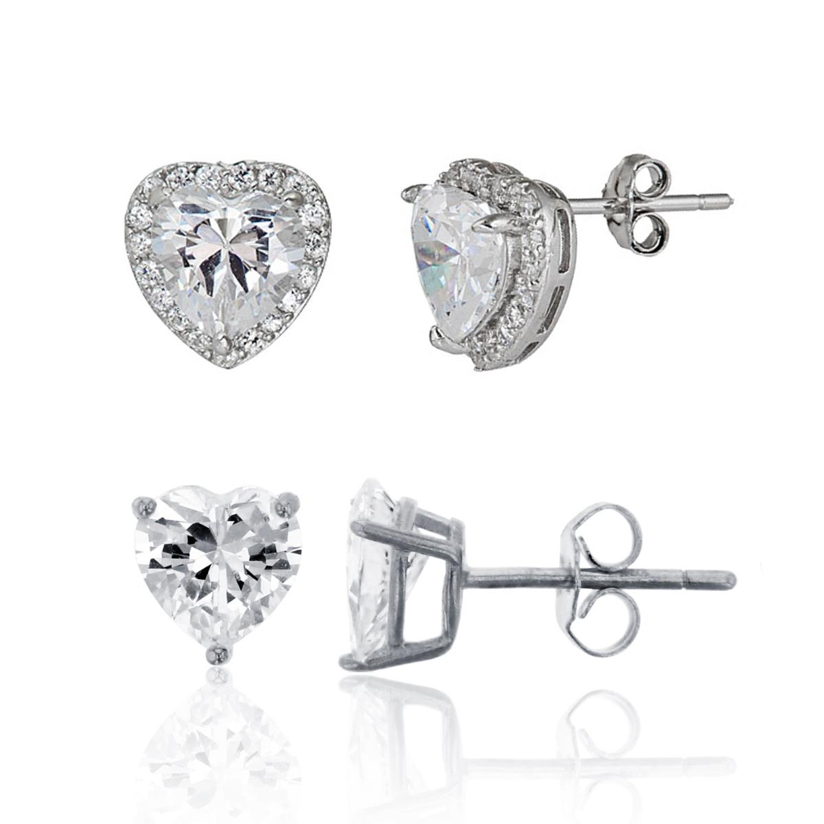 Sterling Silver Rhodium 7mm Heart Halo & 6mm Heart Solitaire Stud Earring Set