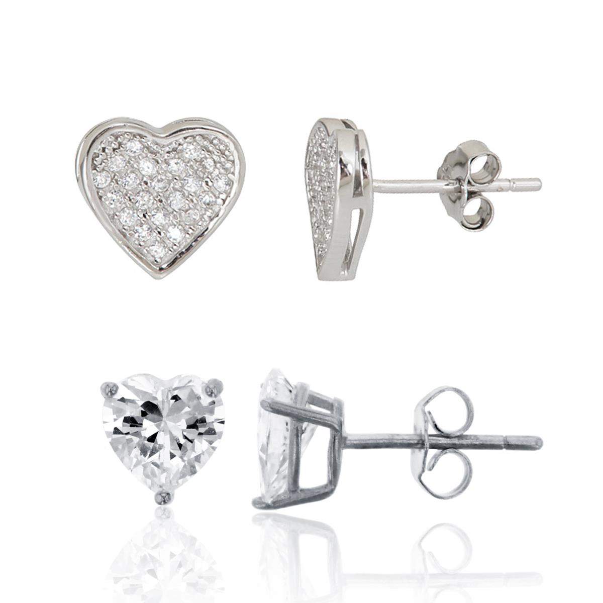 Sterling Silver 11.1x10.1mm  Micropave Heart & Heart Solitaire Stud Earring Set