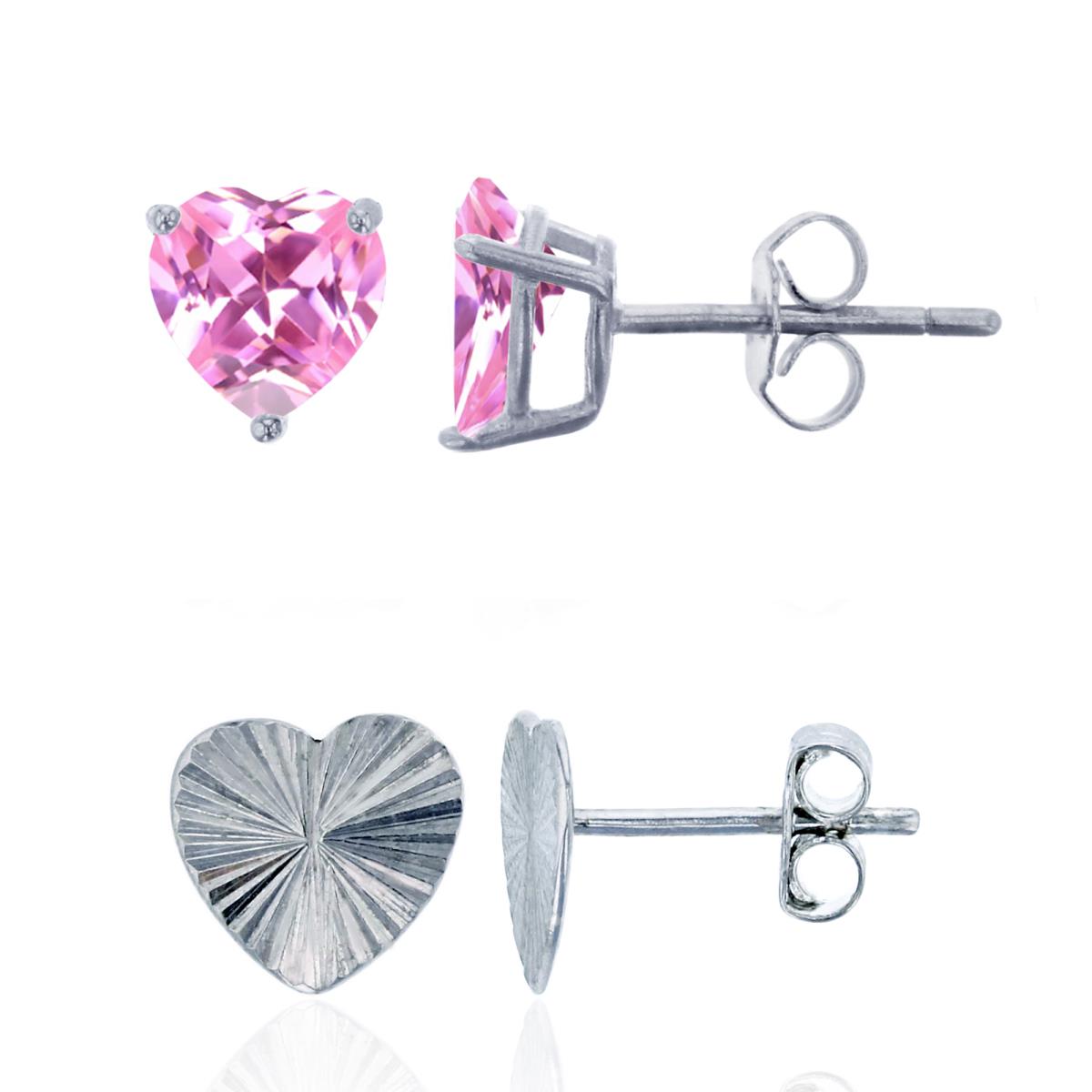 Sterling Silver Rhodium Diamond Cut 8mm Heart & 6mm Pink Heart Solitaire Stud Earring Set 