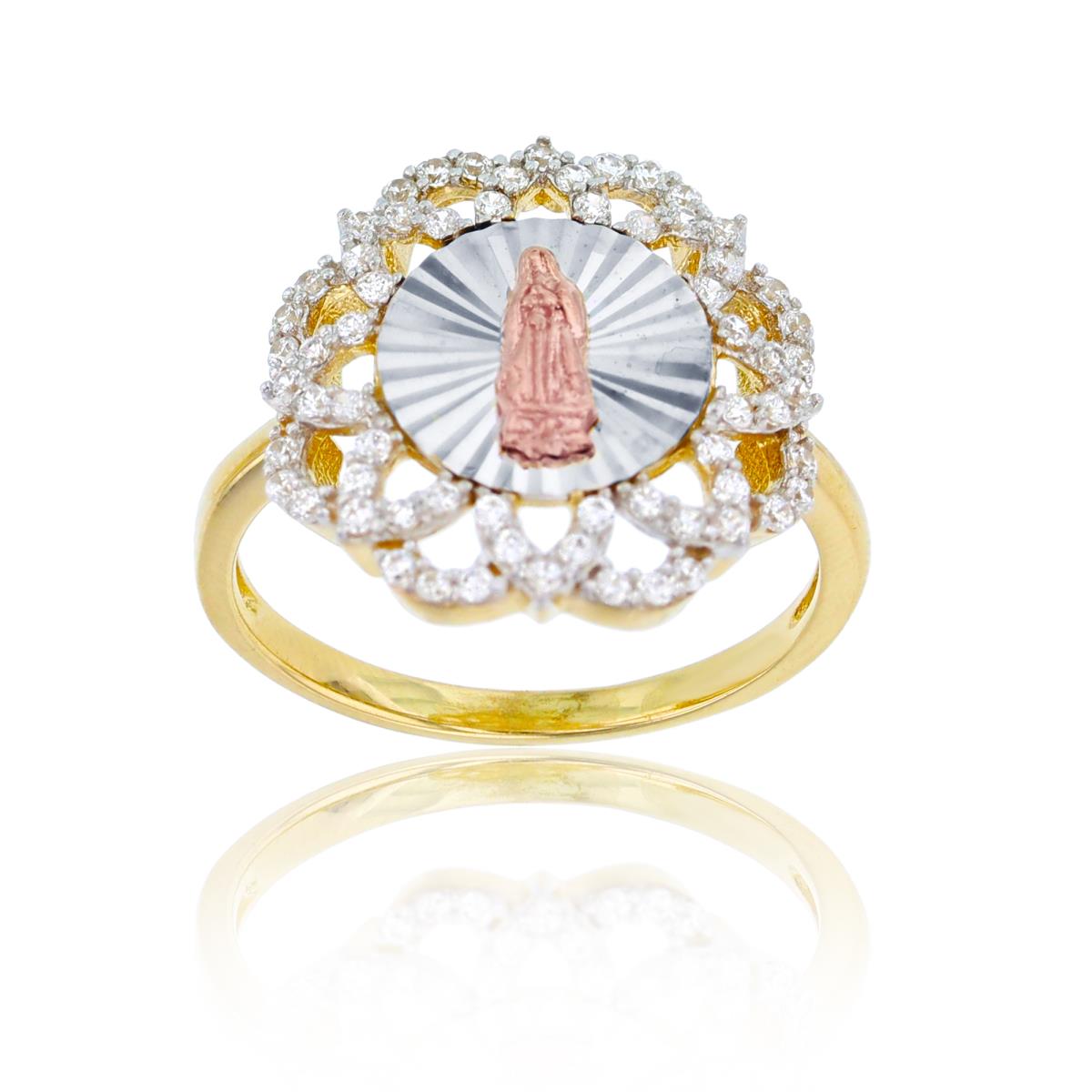 14K Tri-Color Gold Paved & DC Virgin Mary Flower Religiuos Ring