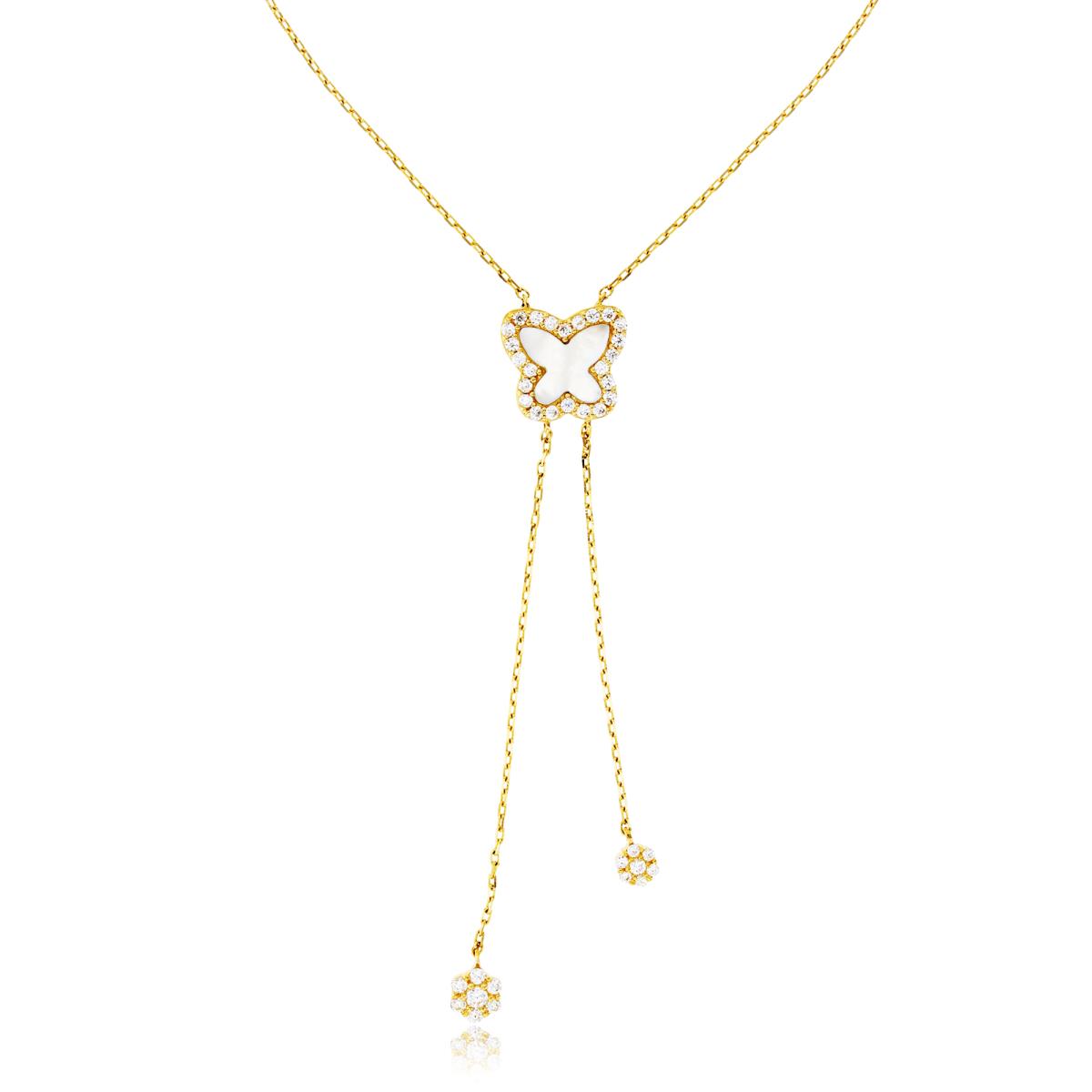 14K Yellow Gold Rnd CZ & Inlay Mop Butterfly with Hang Flowers 17"+1"ext Necklace