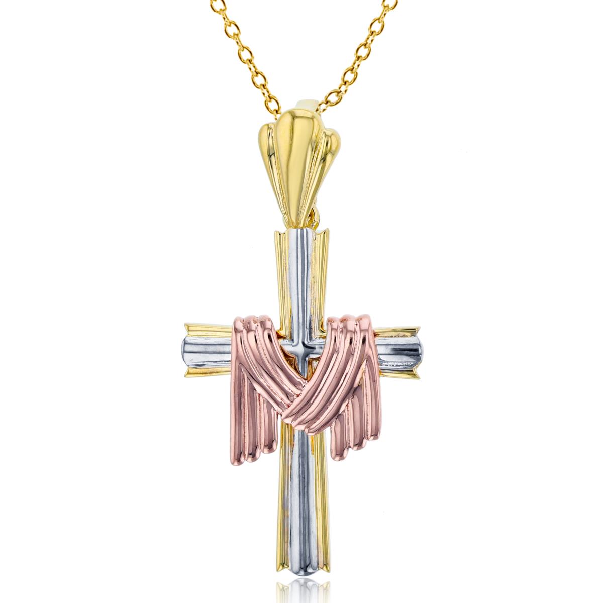 14K Tricolor Gold Textured Cross 17"+1"ext Necklace