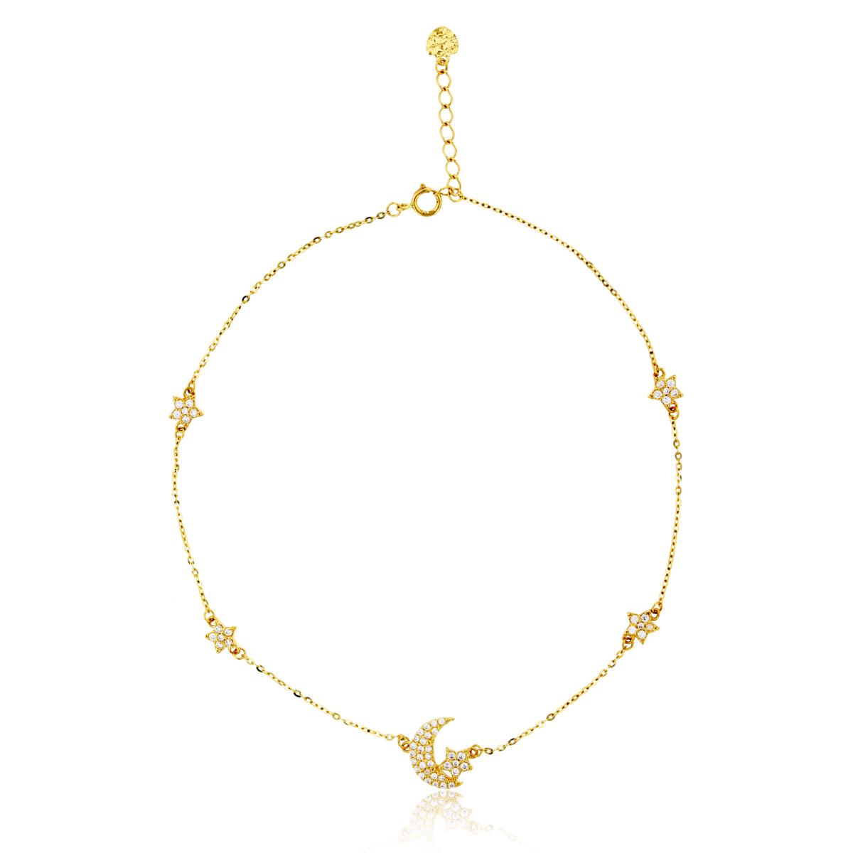 14K Yellow Gold Micropave Moon & Star 9+1" Anklet
