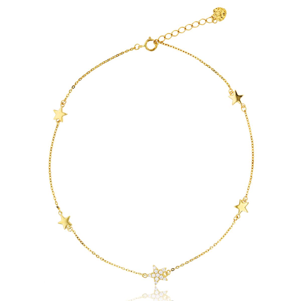 14K Yellow Gold Polished Micropave Star Station Charm 9+1" Anklet with Heart Plate