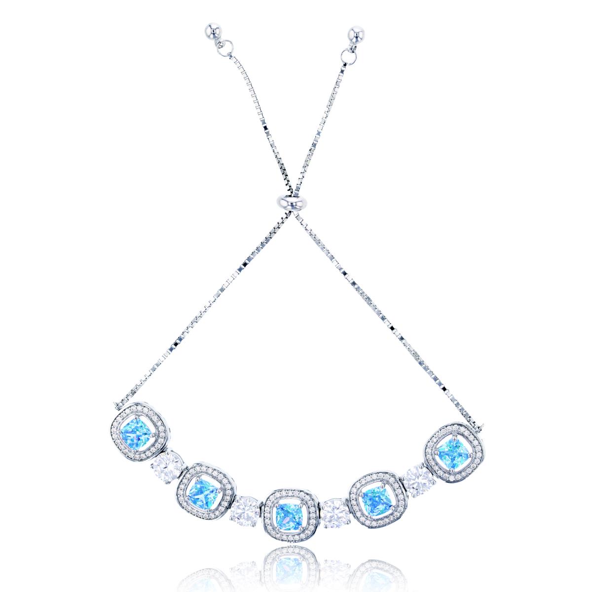 Sterling Silver Rhodium 10mm Swiss Blue Cushion Cut Halo & Rd CZ Adjustable Bracelet