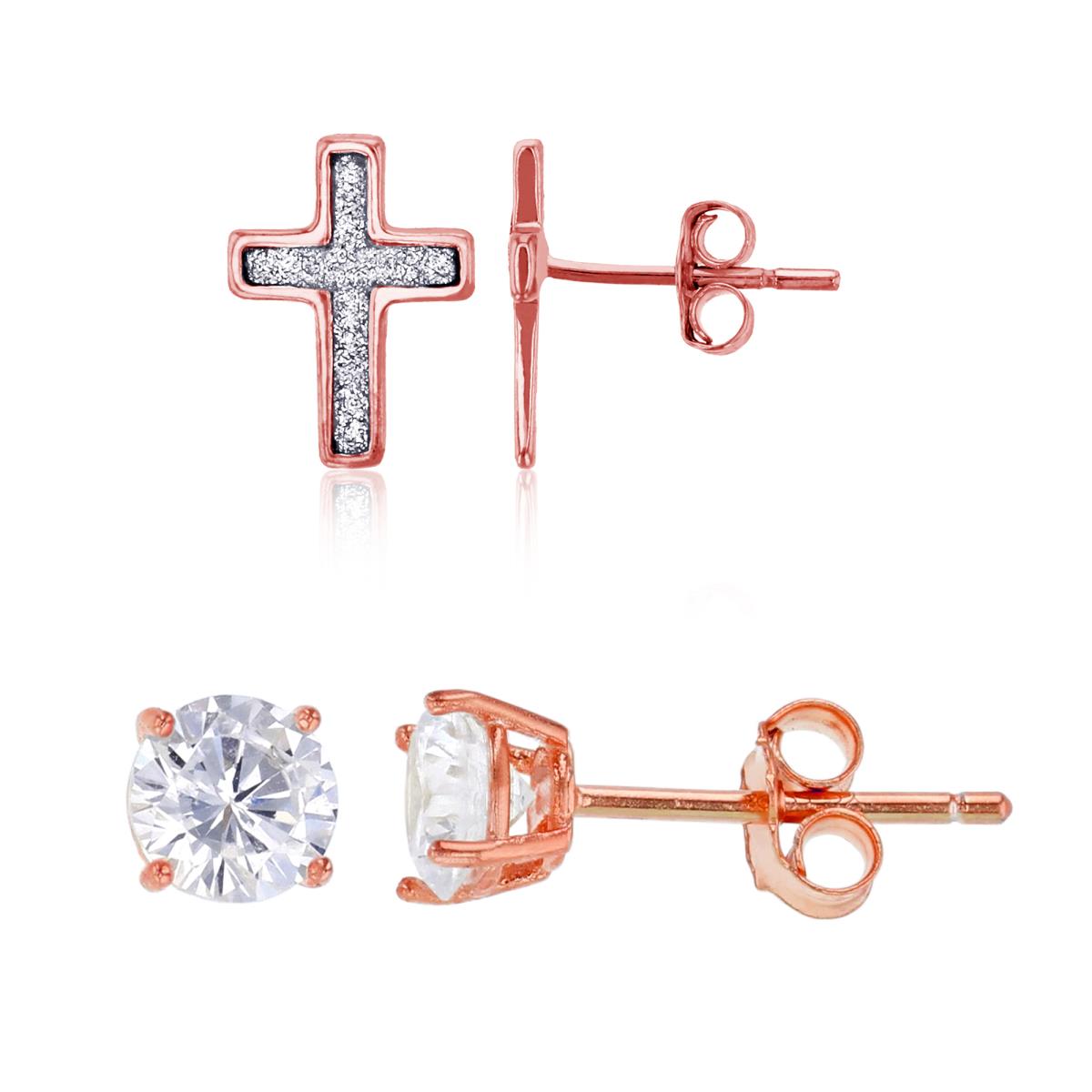 Sterling Silver Rose Glitter Cross & 5mm AAA Round Solitaire Stud Earring Set