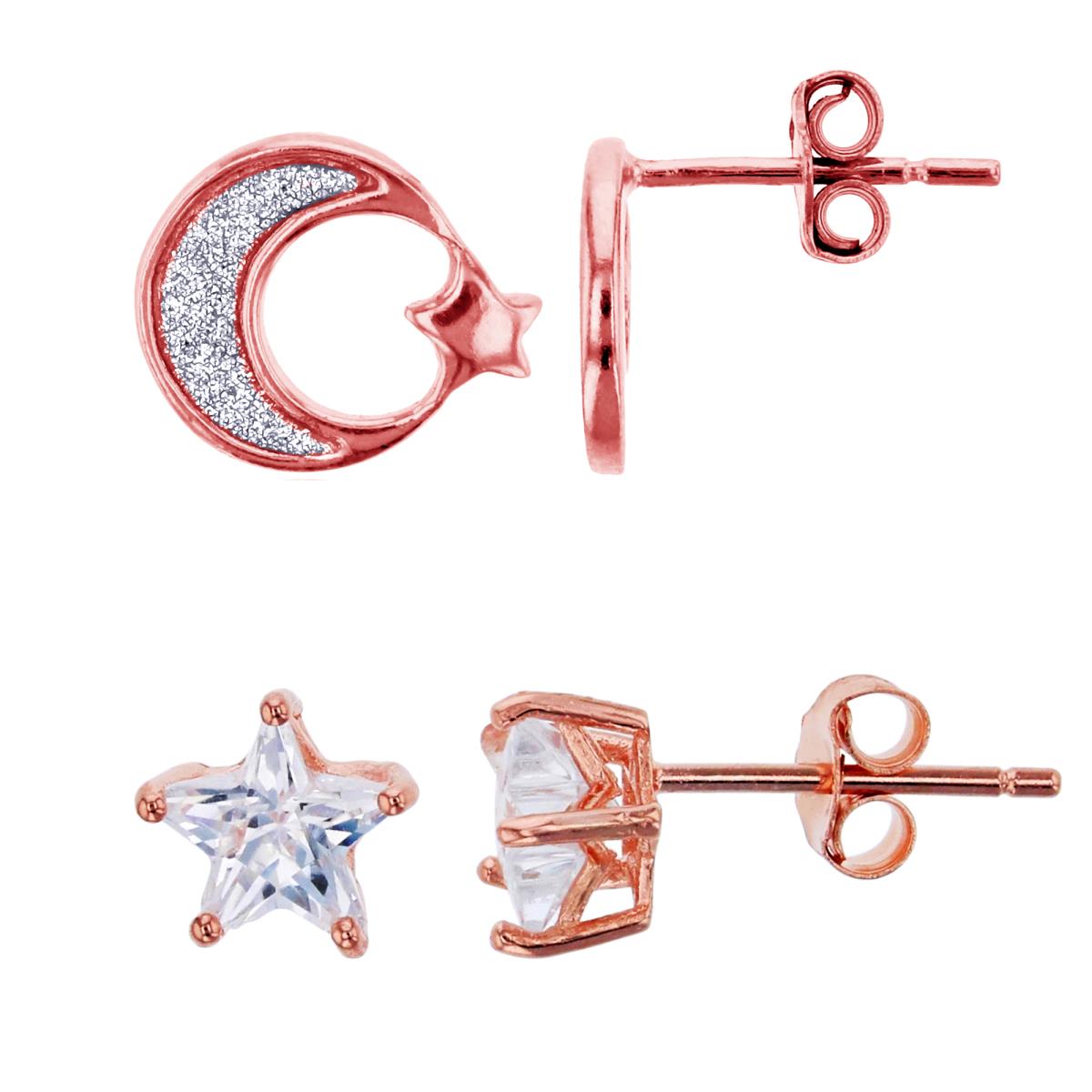 Sterling Silver Rose Glitter Star/Crescent Moon & 6mm Star Solitaire Stud Earring Set