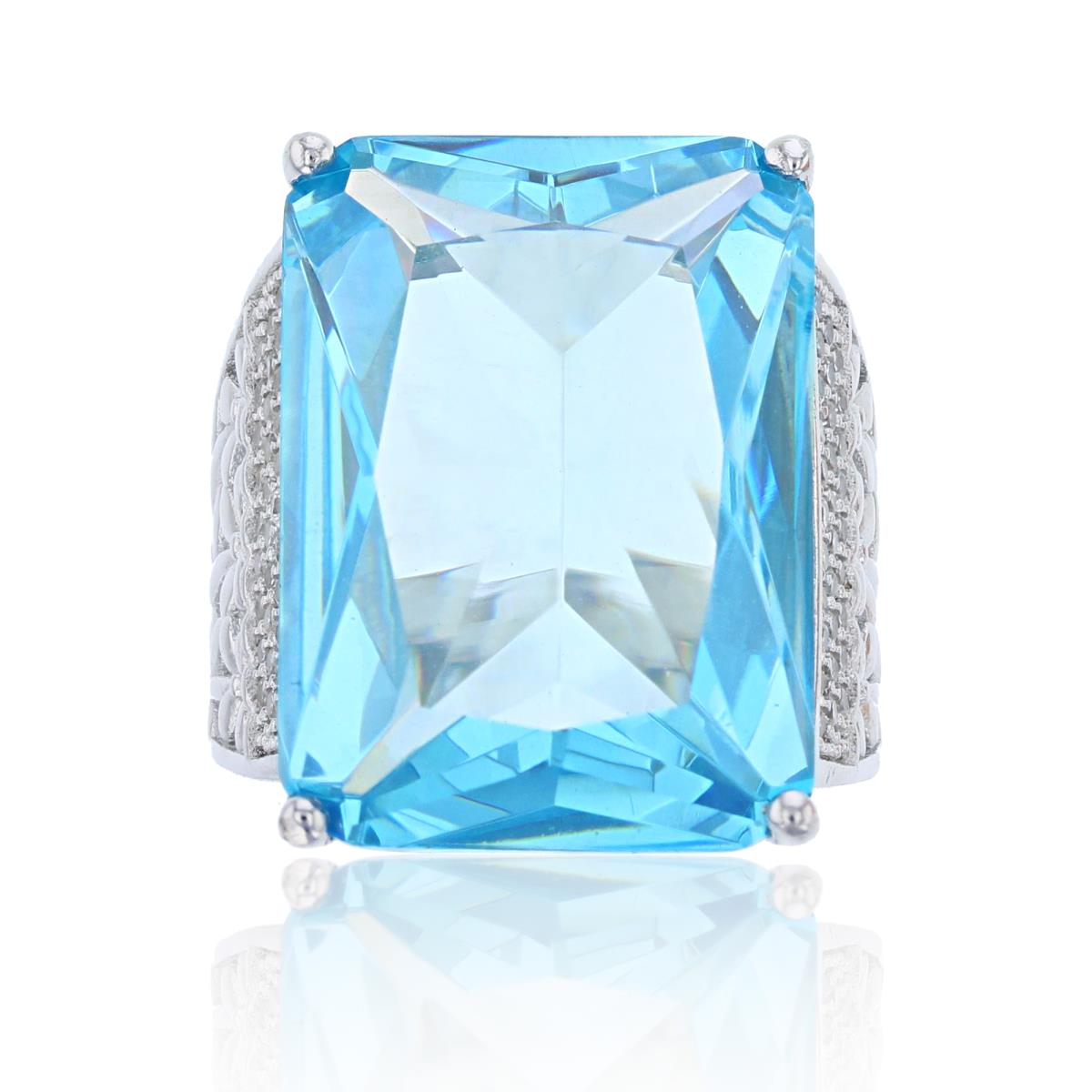 Sterling Silver Rhodium 22x16mm Swiss Blue Emerald Cut CZ Flower Sides Fashion Ring