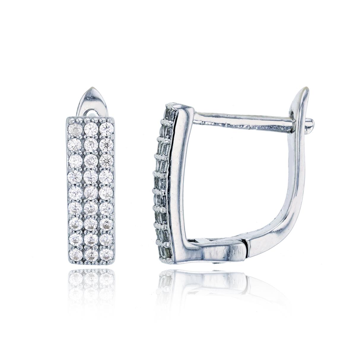 Sterling Silver Rhodium 12x4mm 3-Row Micropave Latchback Huggie Earring