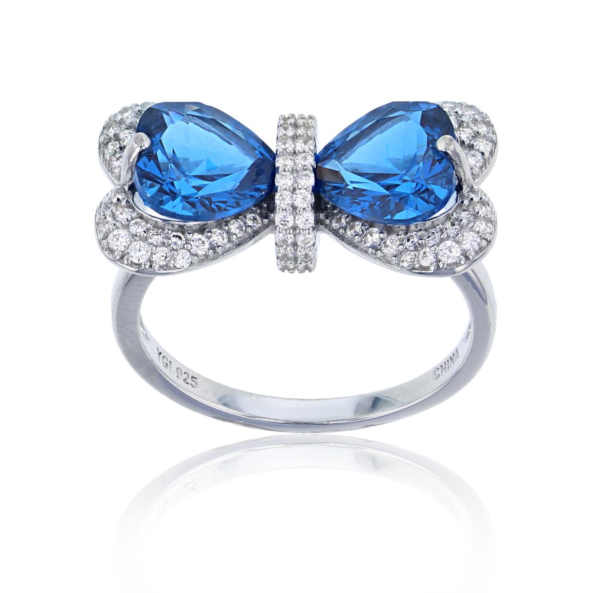 Sterling Silver Rhodium 8mm Blue Spinel Heart Cut CZ Bow Fashion Ring