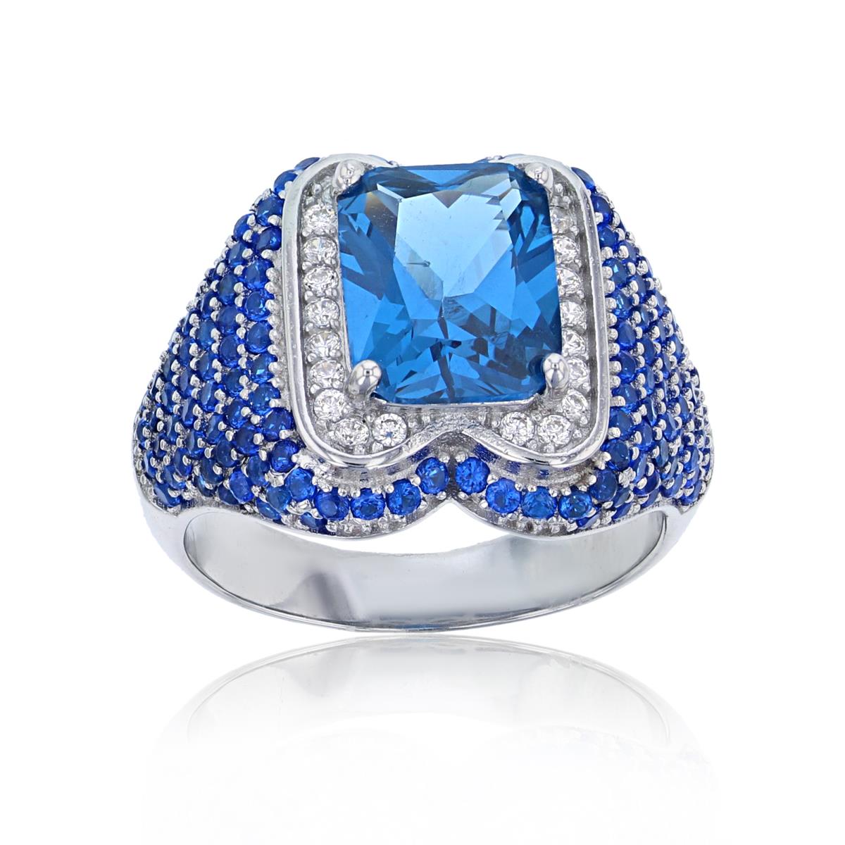 Sterling Silver Rhodium 10x8mm Blue Spinel Emerald Cut CZ & Micropave Sides Fashion Ring
