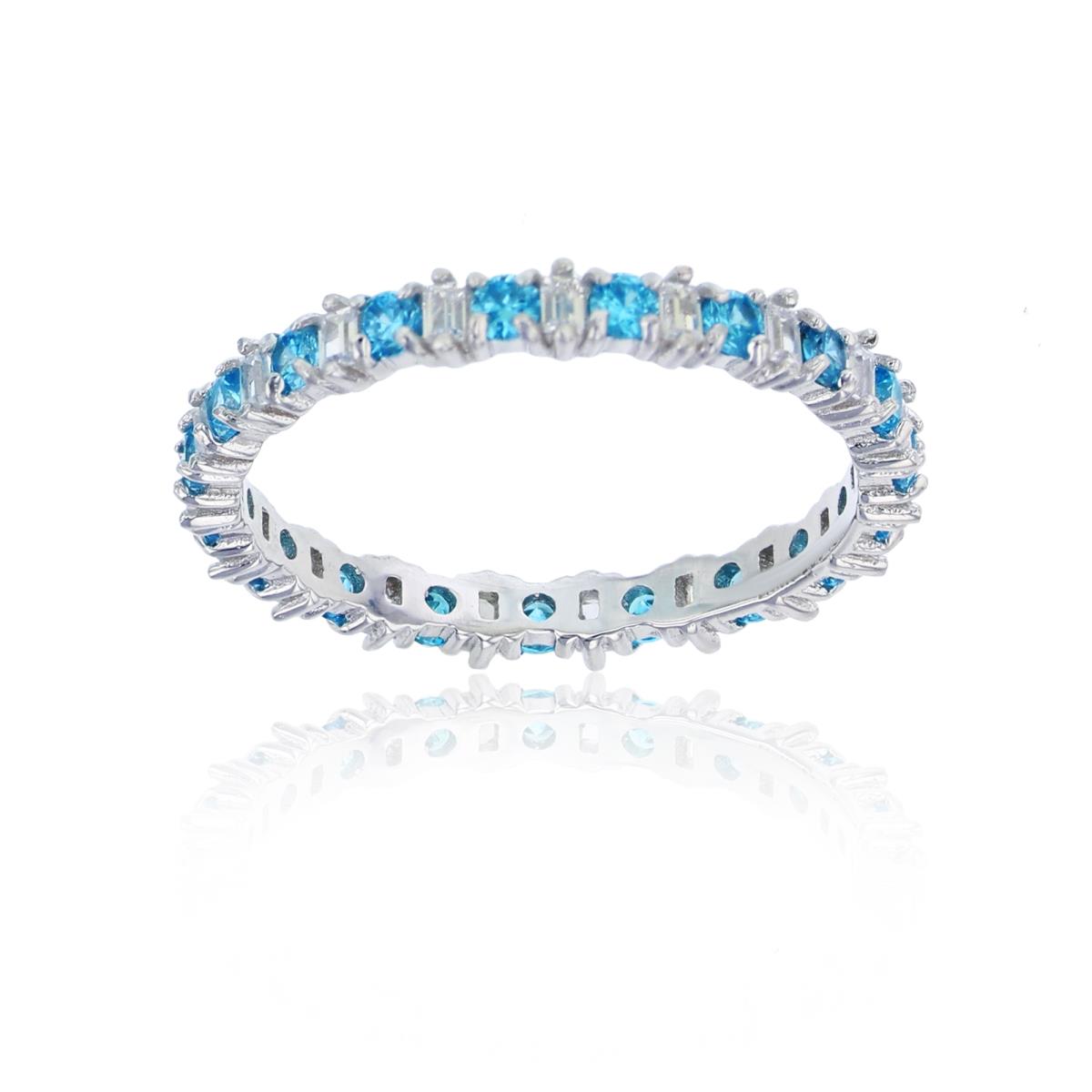 Sterling Silver Rhodium Alternating Medium Blue Round & White Baguette CZ Eternity Ring