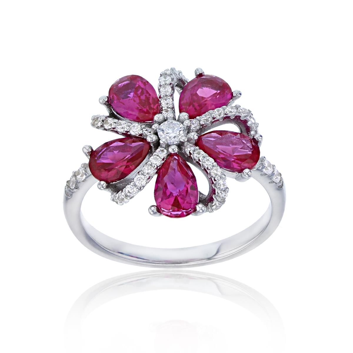 Sterling Silver Rhodium Ruby & White CZ Flower Fashion Ring