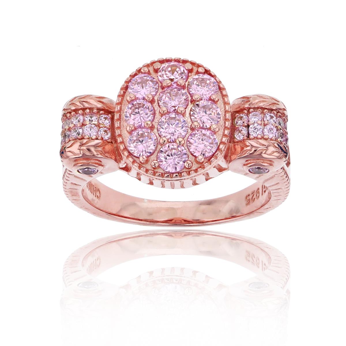 Sterling Silver Rose Rnd Pink CZ Textured 3-Split Clusters Ring