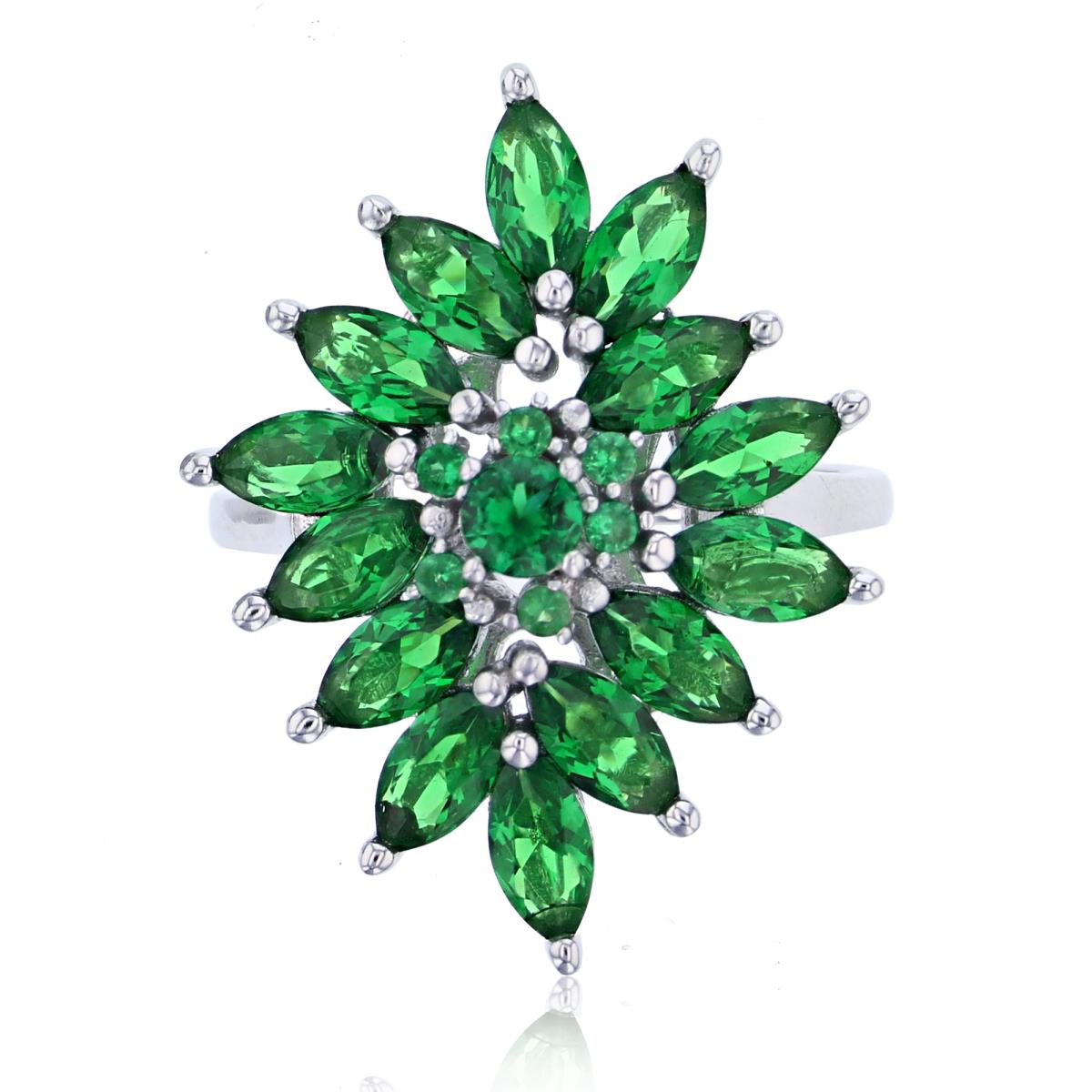 Sterling Silver Rhodium MQ/Rnd Emerald CZ Flower Ring