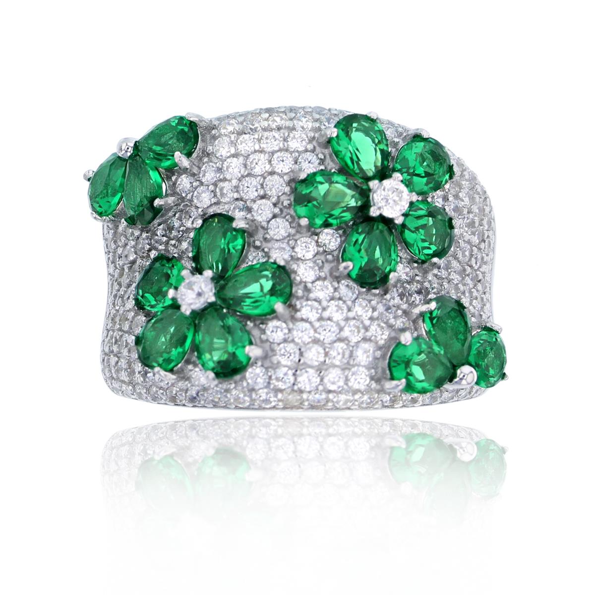 Sterling Silver Rhodium PS Emerald CZ & Rnd White CZ Flowers Micropaved Wide Ring