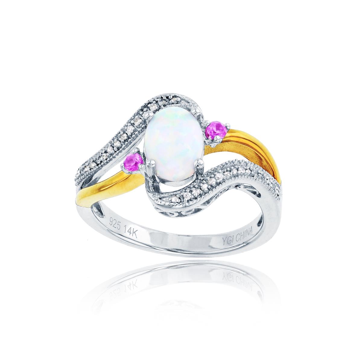 14K Yellow & Sterling Silver Rhodium Rnd CZ & Ov Created Opal/ Rnd Created Pink Sapphire Ring