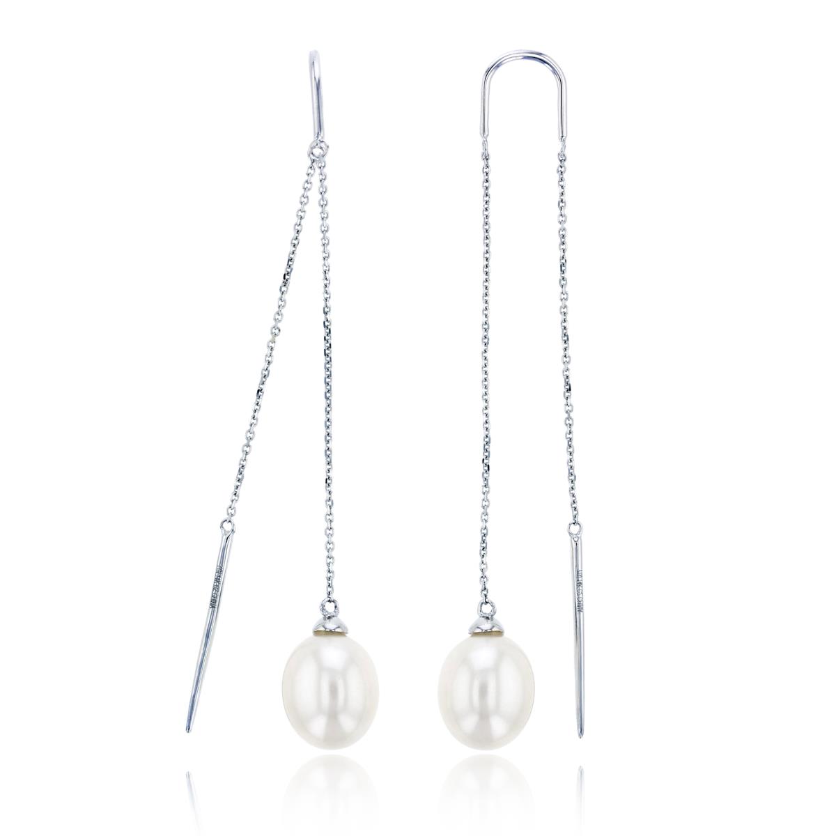 Sterling Silver Rhodium 10X8mm White pearl Drop & Bezel Created White Sapphire Dangling Earring