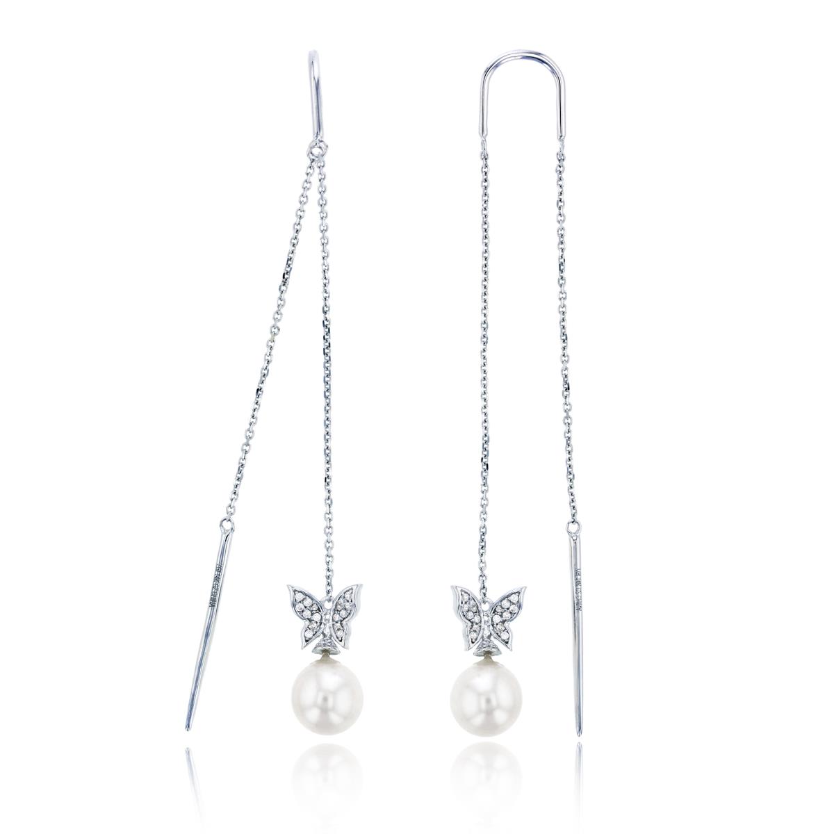 14K White Gold 0.05 CTTW Rnd Diamonds & 7mm Rnd White Pearl/Butterfly Dangling on chain Earring