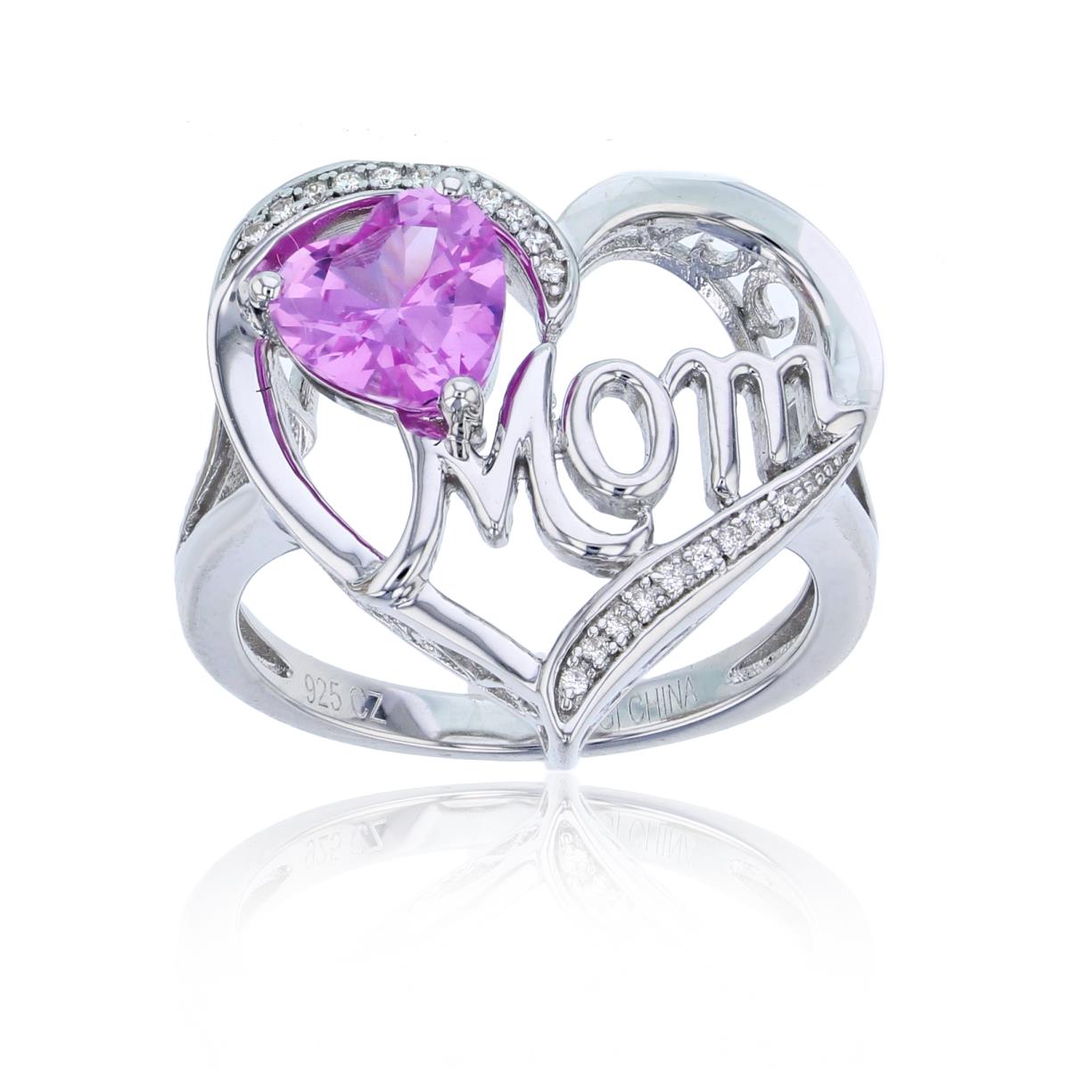 Sterling Silver Rhodium Rnd CZ & 7mm HS Created Pink Sapphire Heart "Mom"Ring