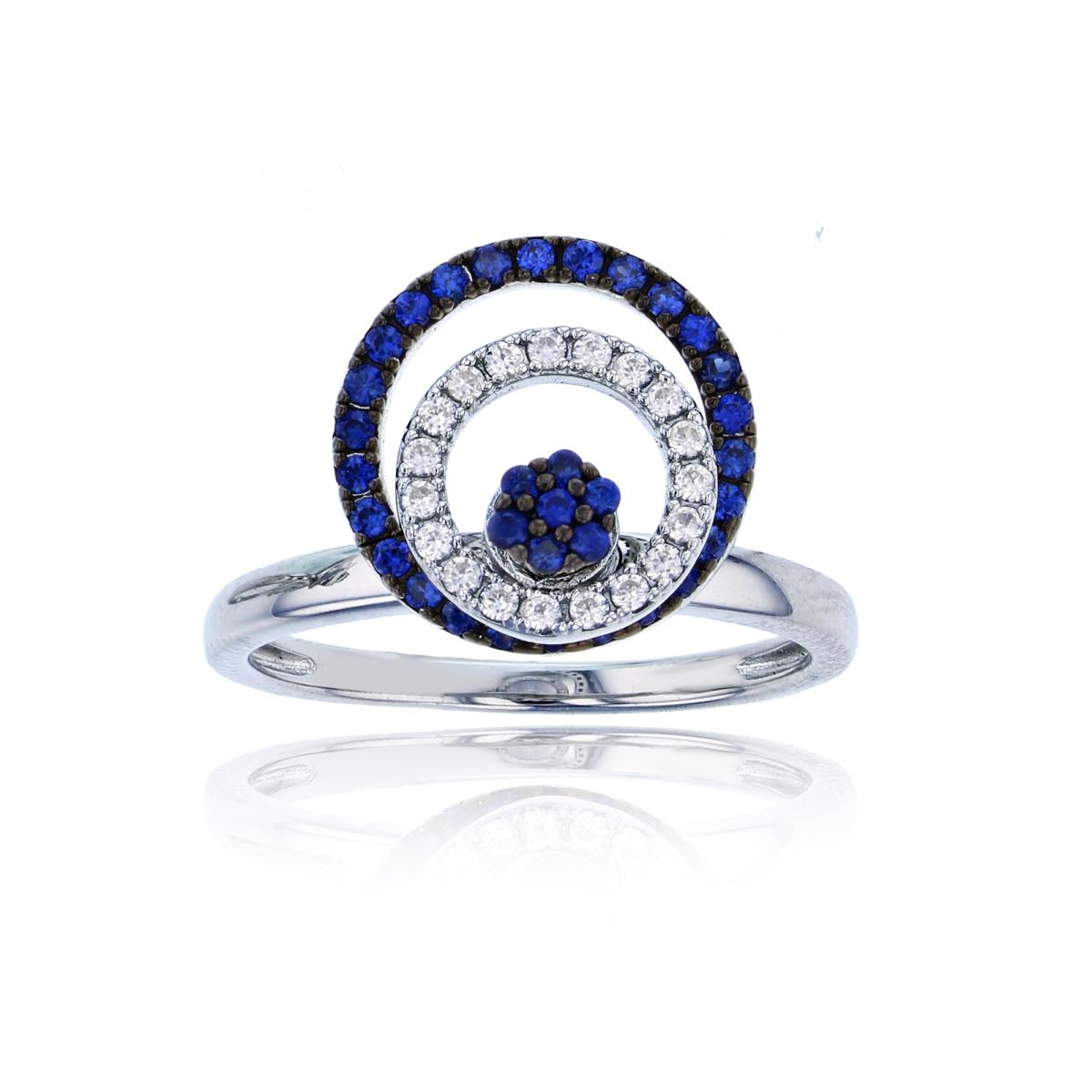 Sterling Silver Black & White Rnd Created Blue & White Sapphire Spinnable Open Circles Ring