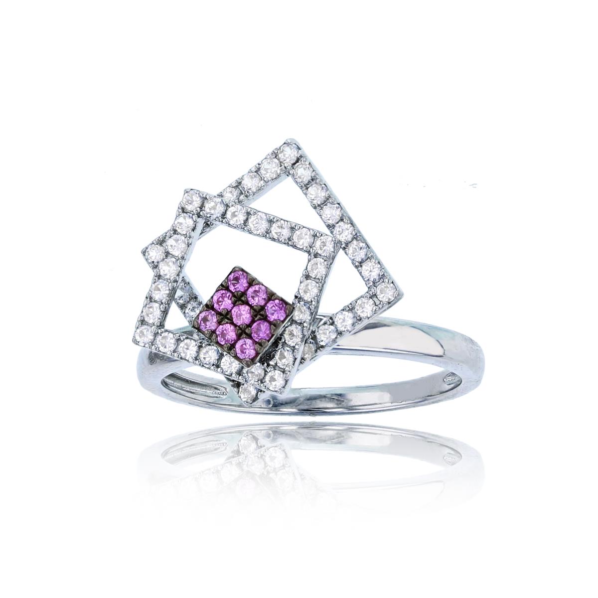 Sterling Silver Black & White Rnd Created Pink & White Sapphire Spinnable Open SQ-s  Ring