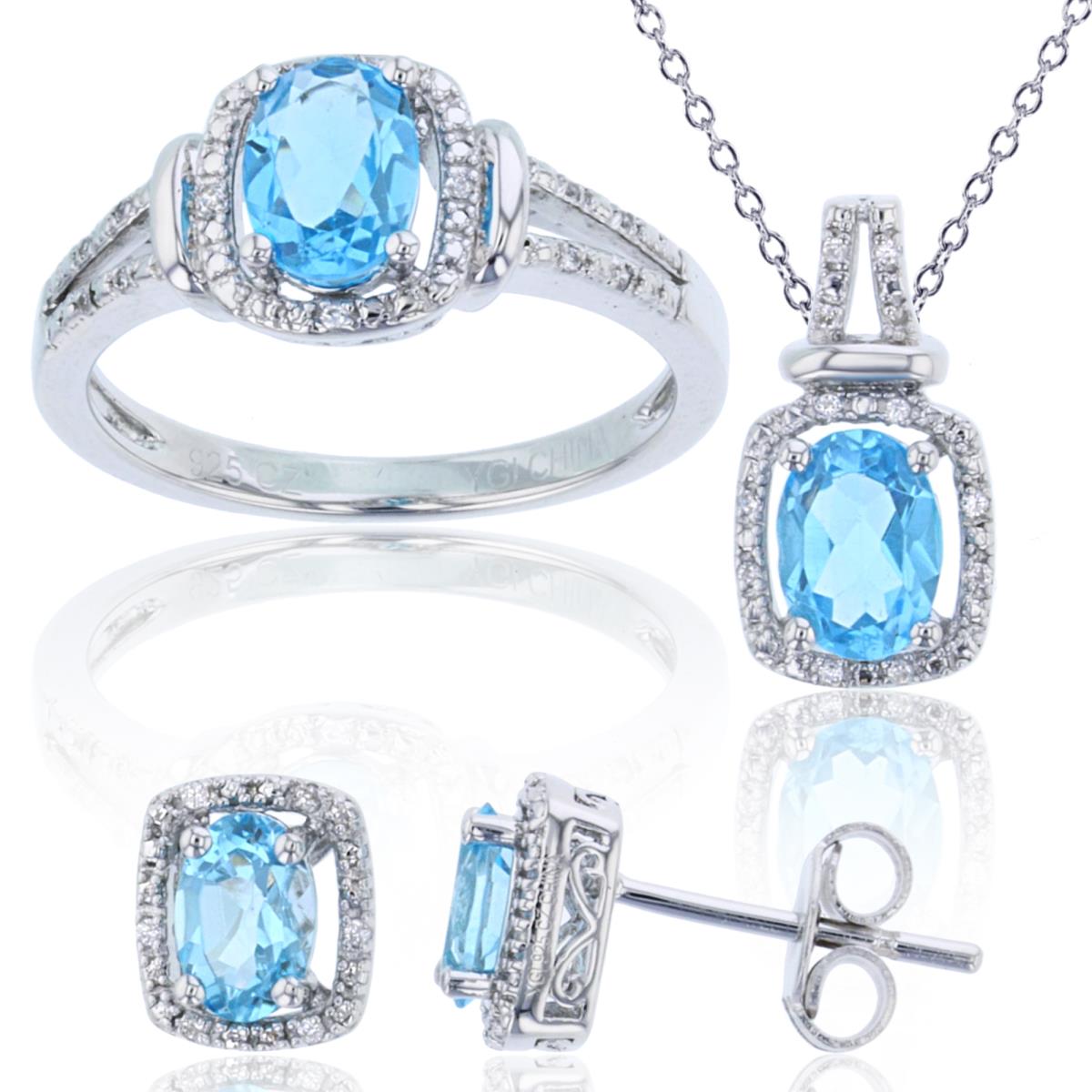 Sterling Silver Rhodium 0.14 CTTW Rnd Diamonds & Ov Swiss Blue Topaz Ring/ Ear/ 18"Necklace Set