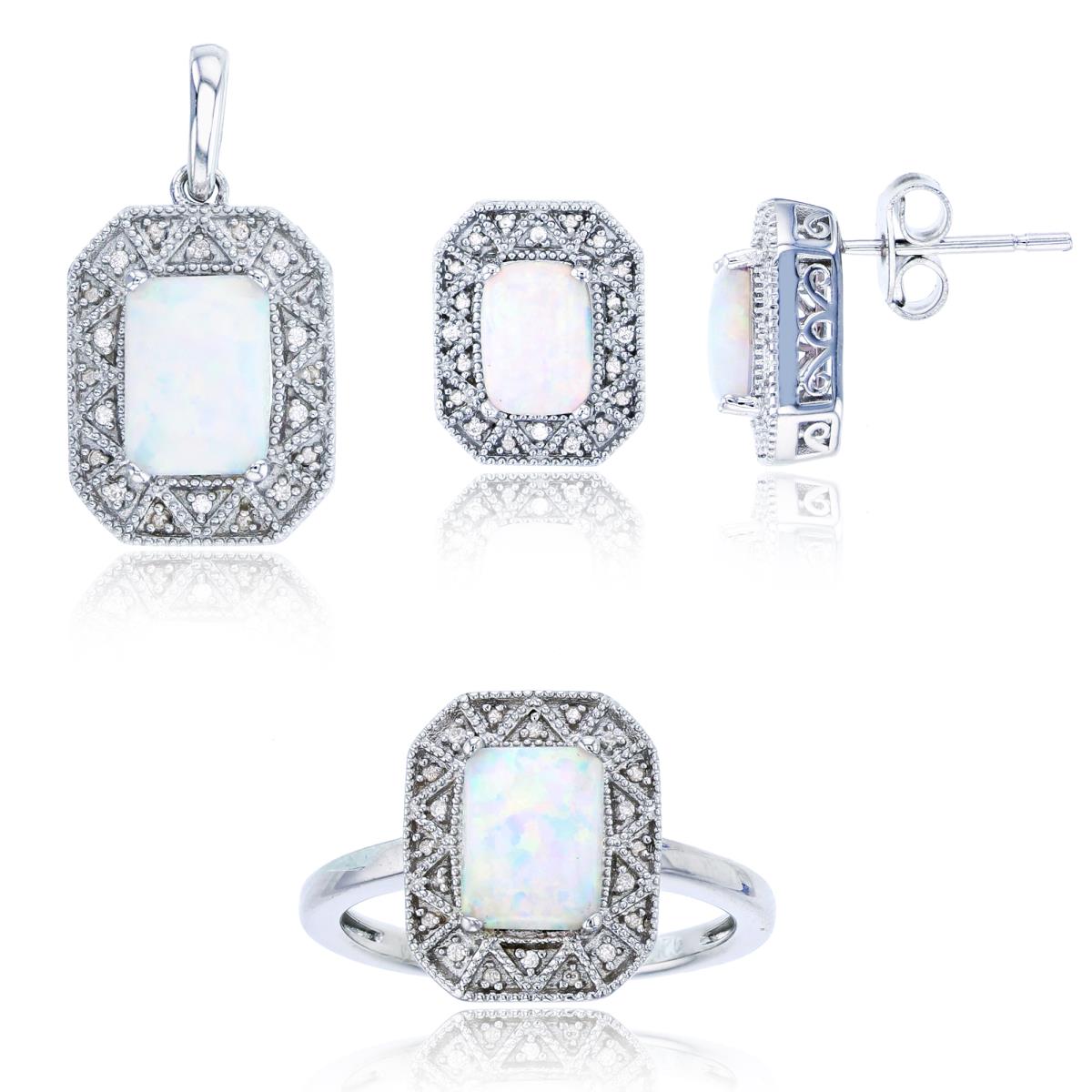 Sterling Silver Rhodium Rnd CZ & Cush Created Opal Ring/ Ear/ 18"Necklace Set