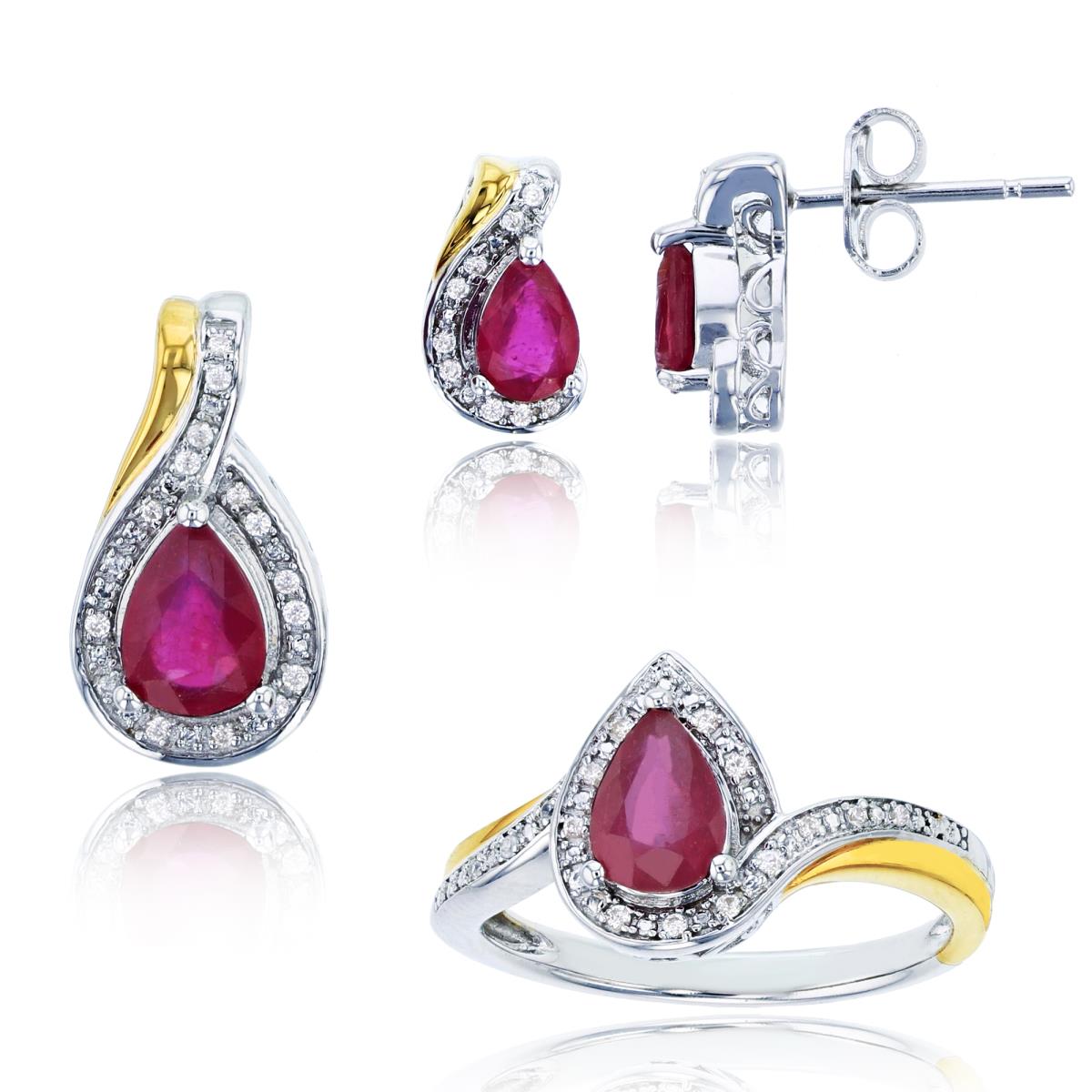 14K Yellow Gold & Sterling Silver Rhodium Rnd CZ & PS Ruby Ring/ Ear/ 18"Necklace Set