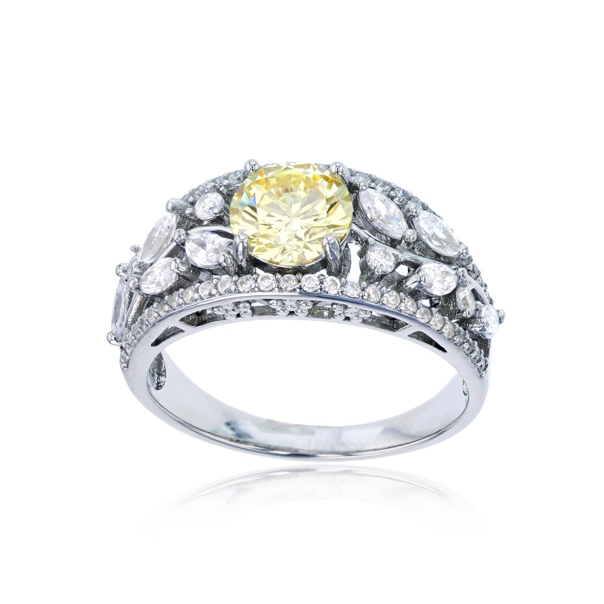 Sterling Silver Rhodium 7mm Rnd Canary Yellow & MQ/Rnd White CZ Leaves Band