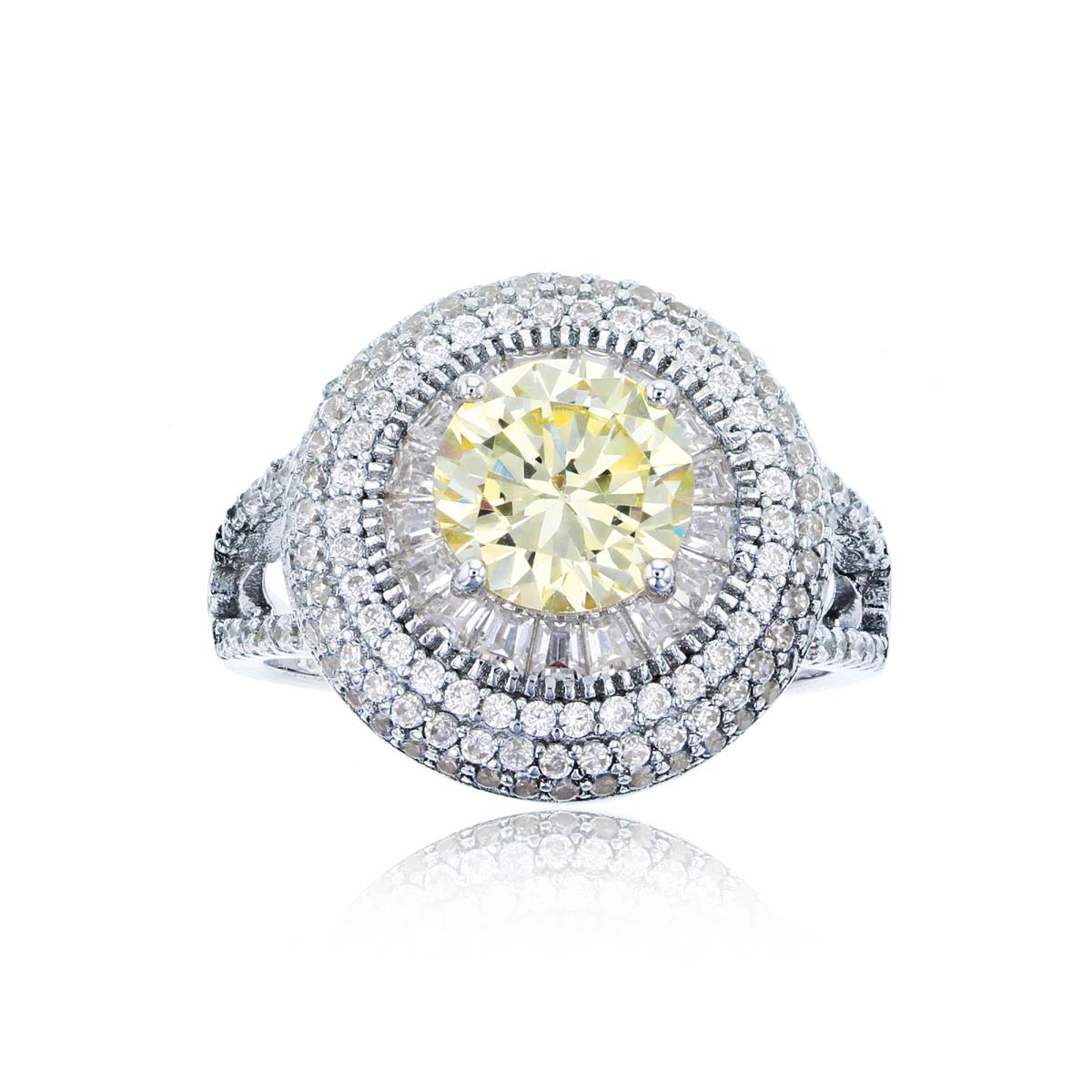 Sterling Silver Rhodium 8mm Rnd Canary Yellow & TB CZ Micropaved Milgrain Engagement Ring
