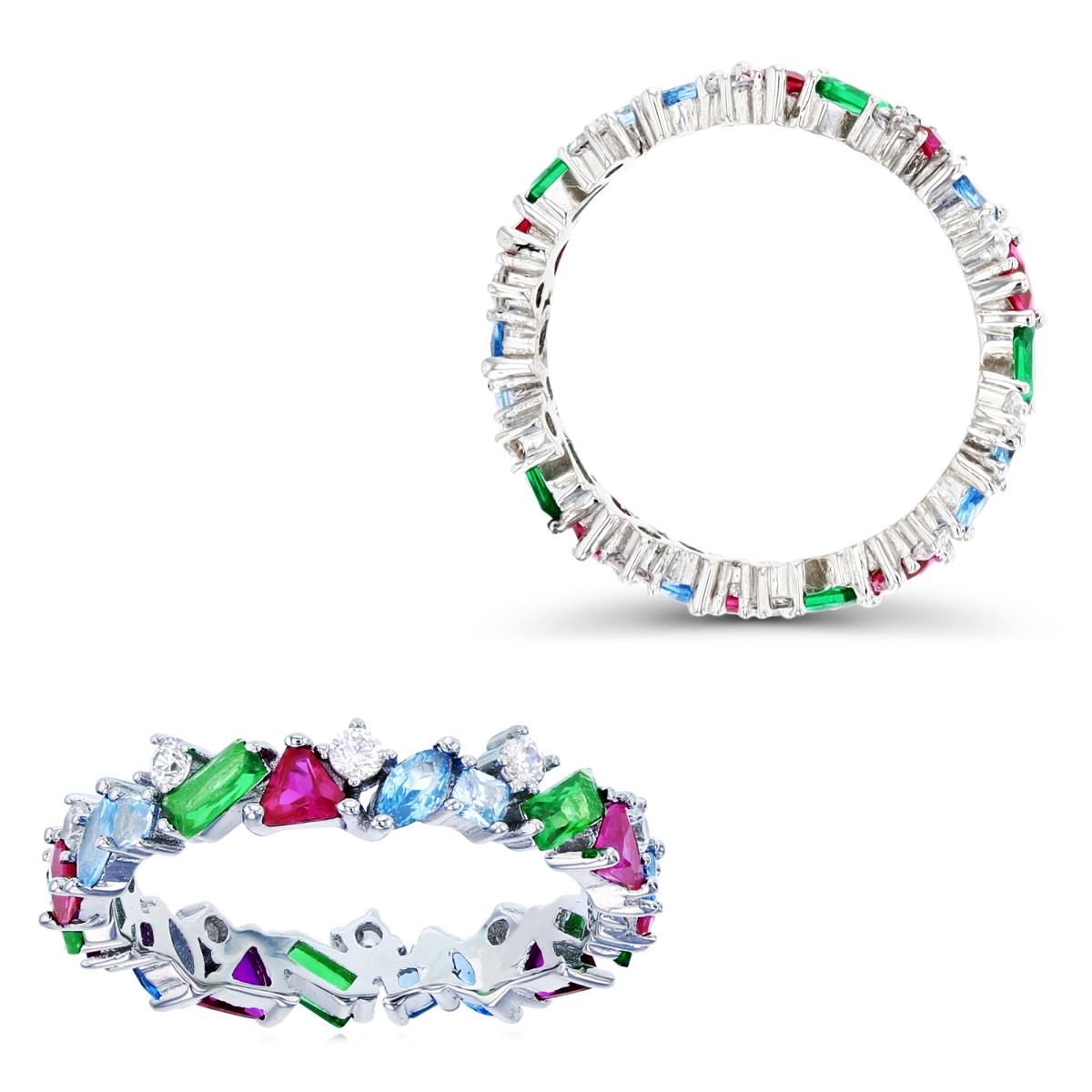 Sterling Silver Rhodium Multishape Multicolor CZ Scattered Band 
