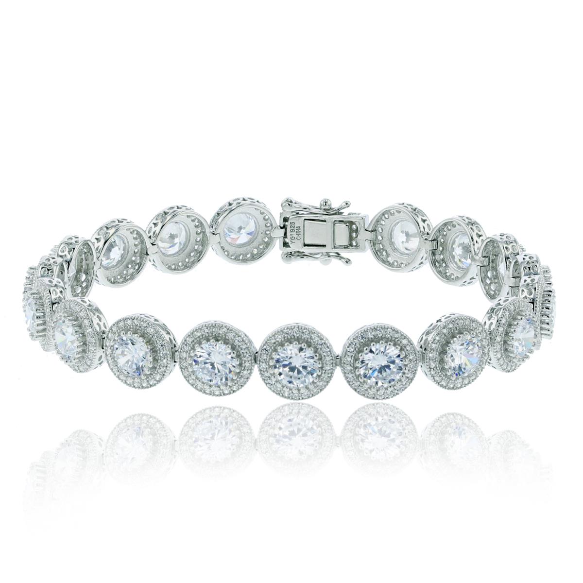 Sterling Silver Rhodium 5.5mm Rnd CZ Milgrain Halo Circle Linked 7.5"Bracelet