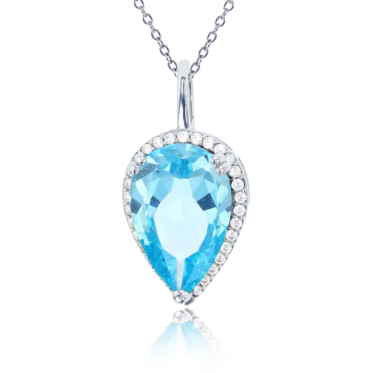 Sterling Silver Rhodium 15x10mm PS Swiss Blue Topaz & Rnd White CZ Halo PS-shape 18"Necklace