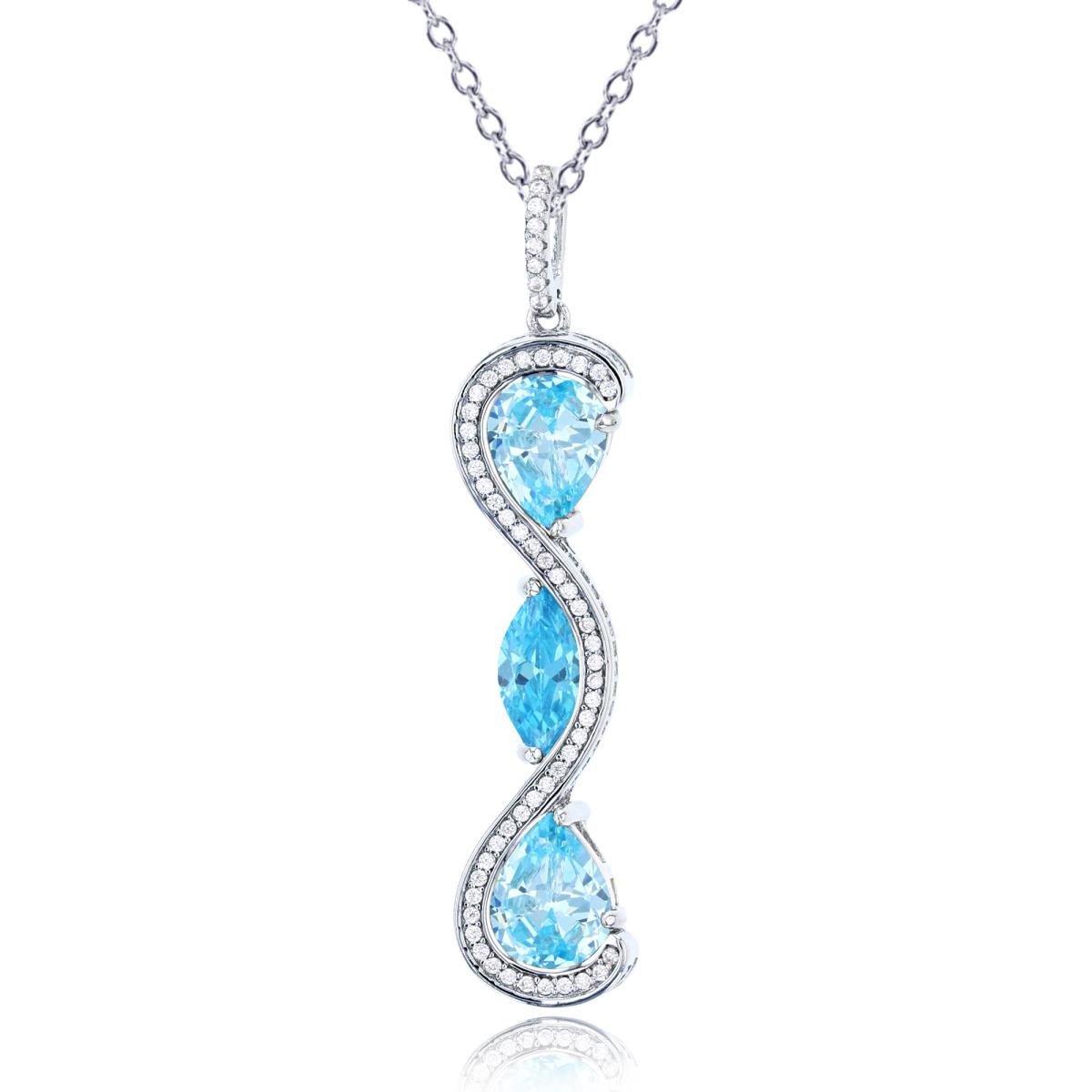 Sterling Silver Rhodium MQ/PS Swiss Blue Topaz & Rnd White CZ Swirl 18"Necklace
