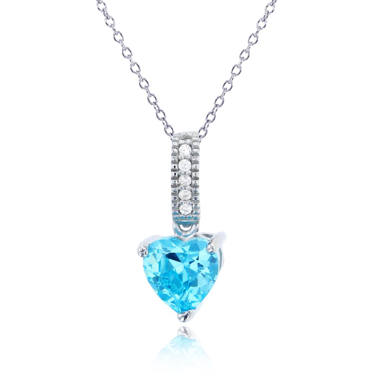 Sterling Silver Rhodium 6mm Heart Shape Blue Topaz & Rnd White CZ Milgrain Solitaire 18"Necklace