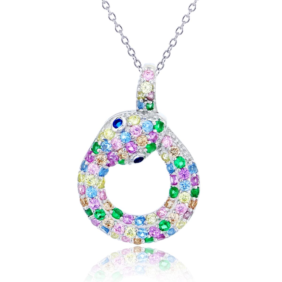 Sterling Silver Rhodium Rnd Multicolor CZ Puffy Snake 18"Necklace