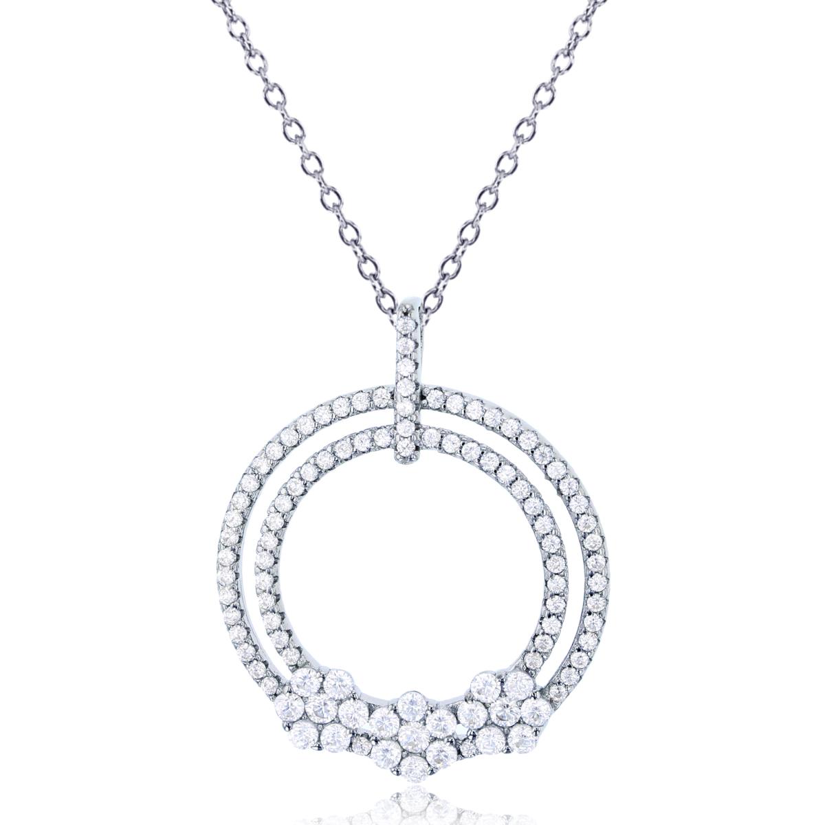 Sterling Silver Rhodium Rnd CZ Double Open Circles/ 3-Flower Clusters 18"Necklace