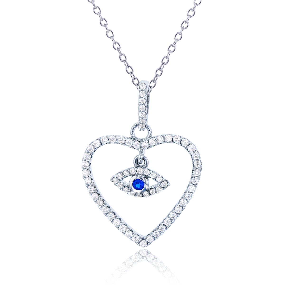 Sterling Silver Rhodium Rnd Blue Sapphire & White CZ Open Heart with Dangling Evil Eye 18"Necklace