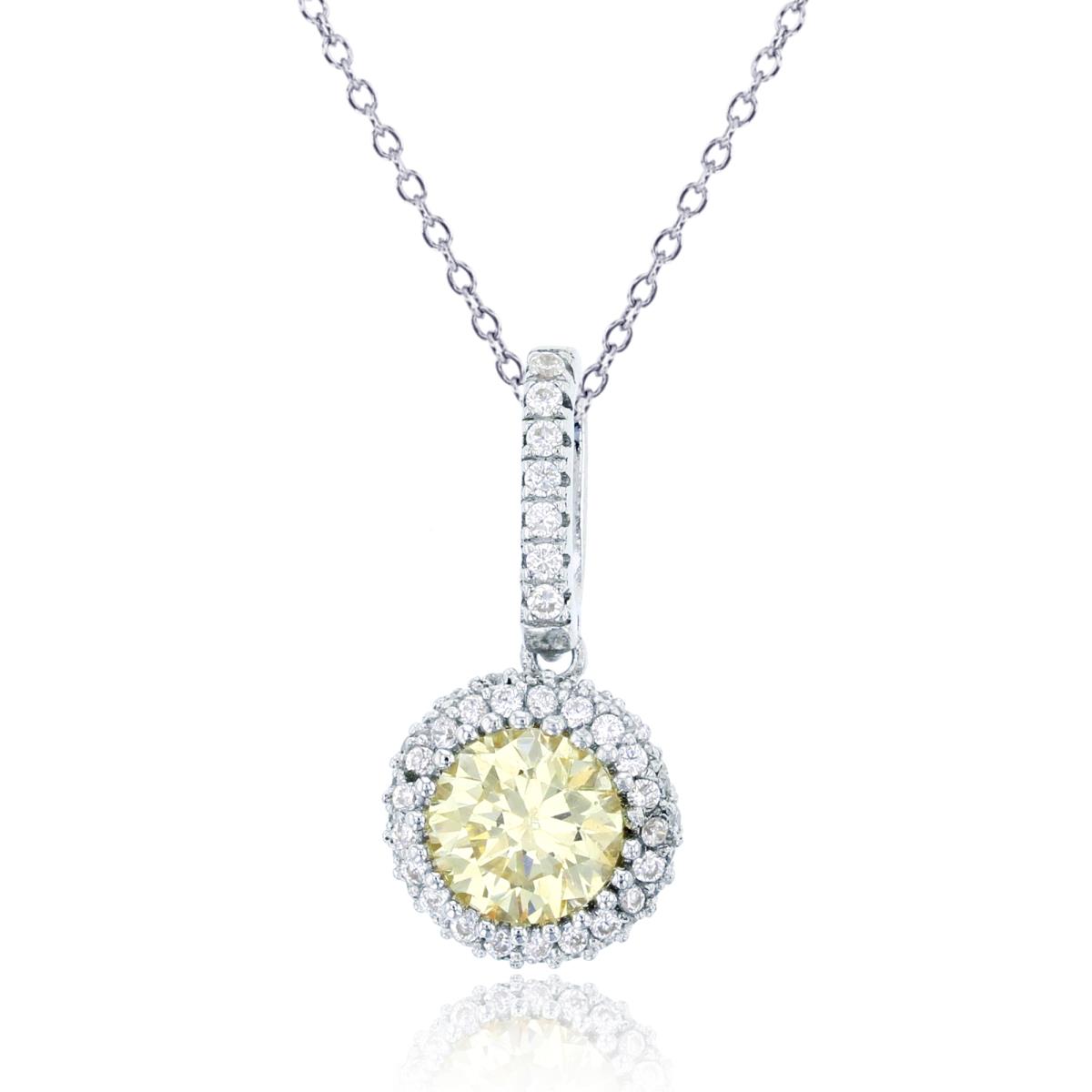 Sterling Silver Rhodium 6mm Rnd Canary Yellow & Rnd White CZ Micropaved Puffy Circle 18"Necklace
