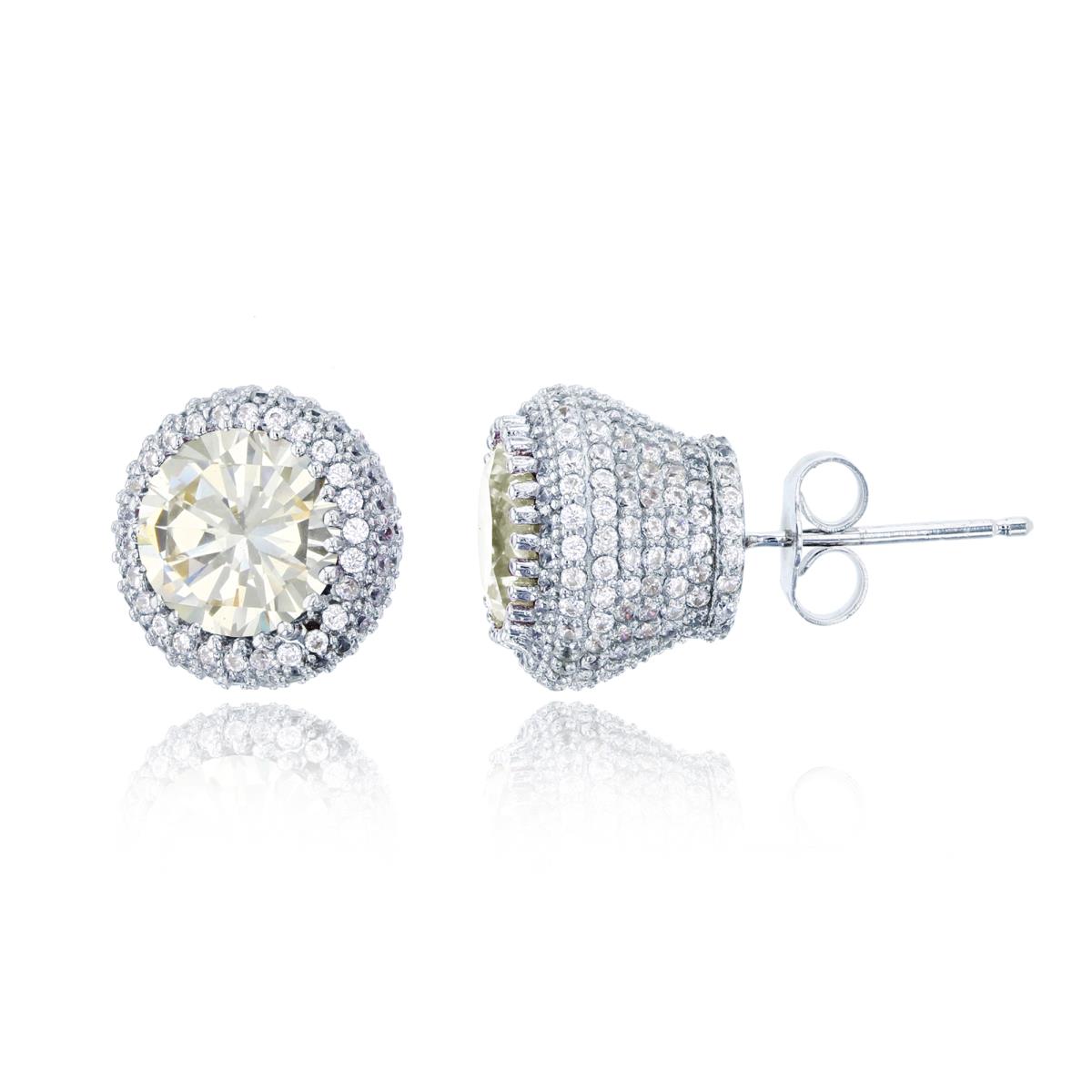 Sterling Silver Rhodium 8mm Rnd Canary Yellow & Rnd White CZ Micropaved Puffy Stud Earring