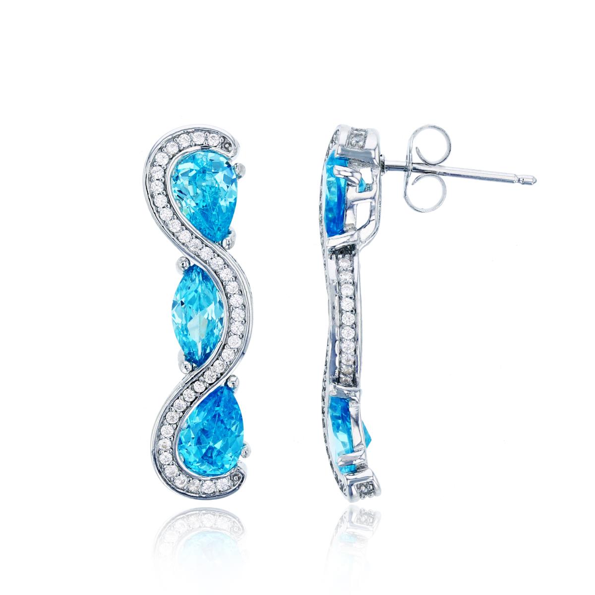 Sterling Silver Rhodium MQ/PS Swiss Blue Topaz CZ & Rnd White CZ Swirl Earring