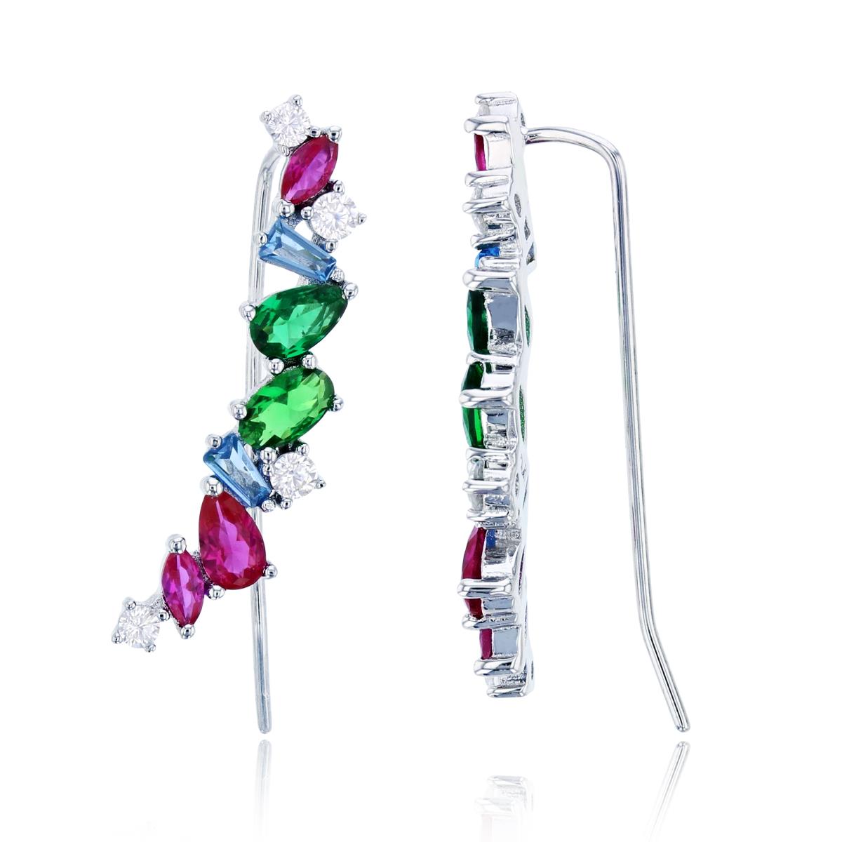 Sterling Silver Rhodium Multishape Multicolor CZ Scattered Vertical Earring