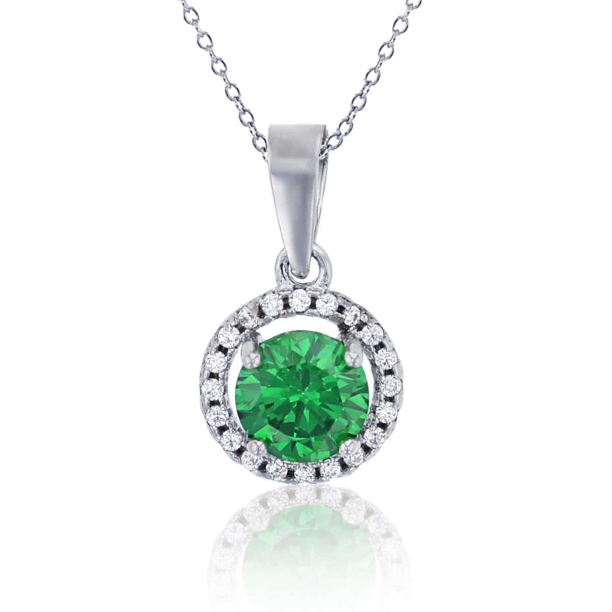 Sterling Silver Rhodium 6mm Rnd Emerald & Rnd White CZ Circle Halo18"Necklace