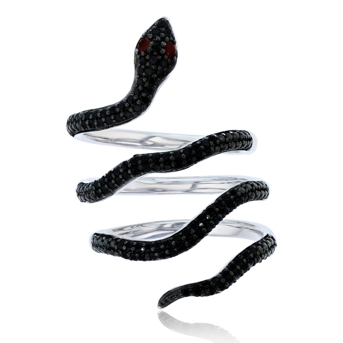 Sterling Silver Black & White Rnd Onyx & Garnet Snake Ring